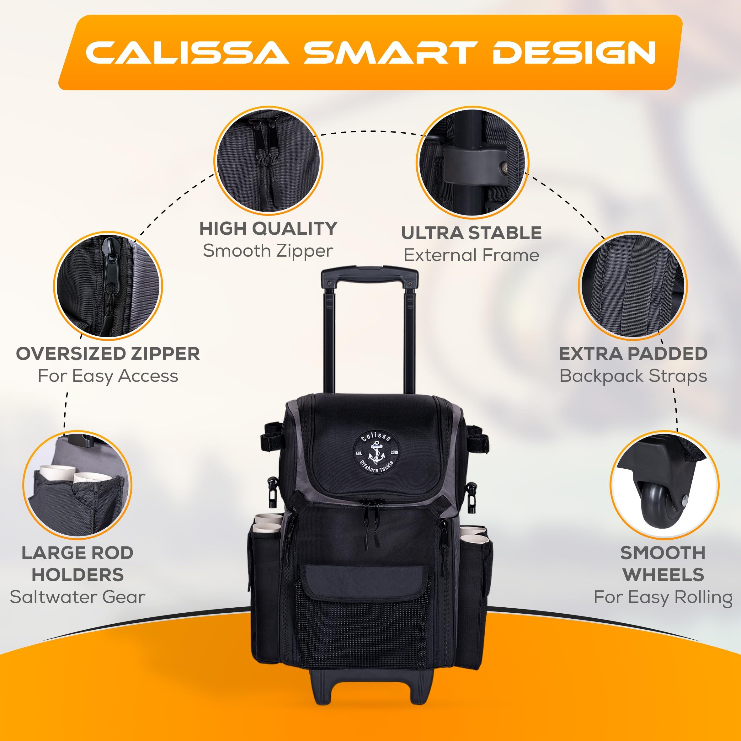 Calissa Offshore Rolling Fishing Tackle Box with Wheels - Waterproof Fishing Backpack with Rod Holders & Storage Compartments | Portable Gear Organizer for Saltwater, Freshwater & Boat Fishing Trips