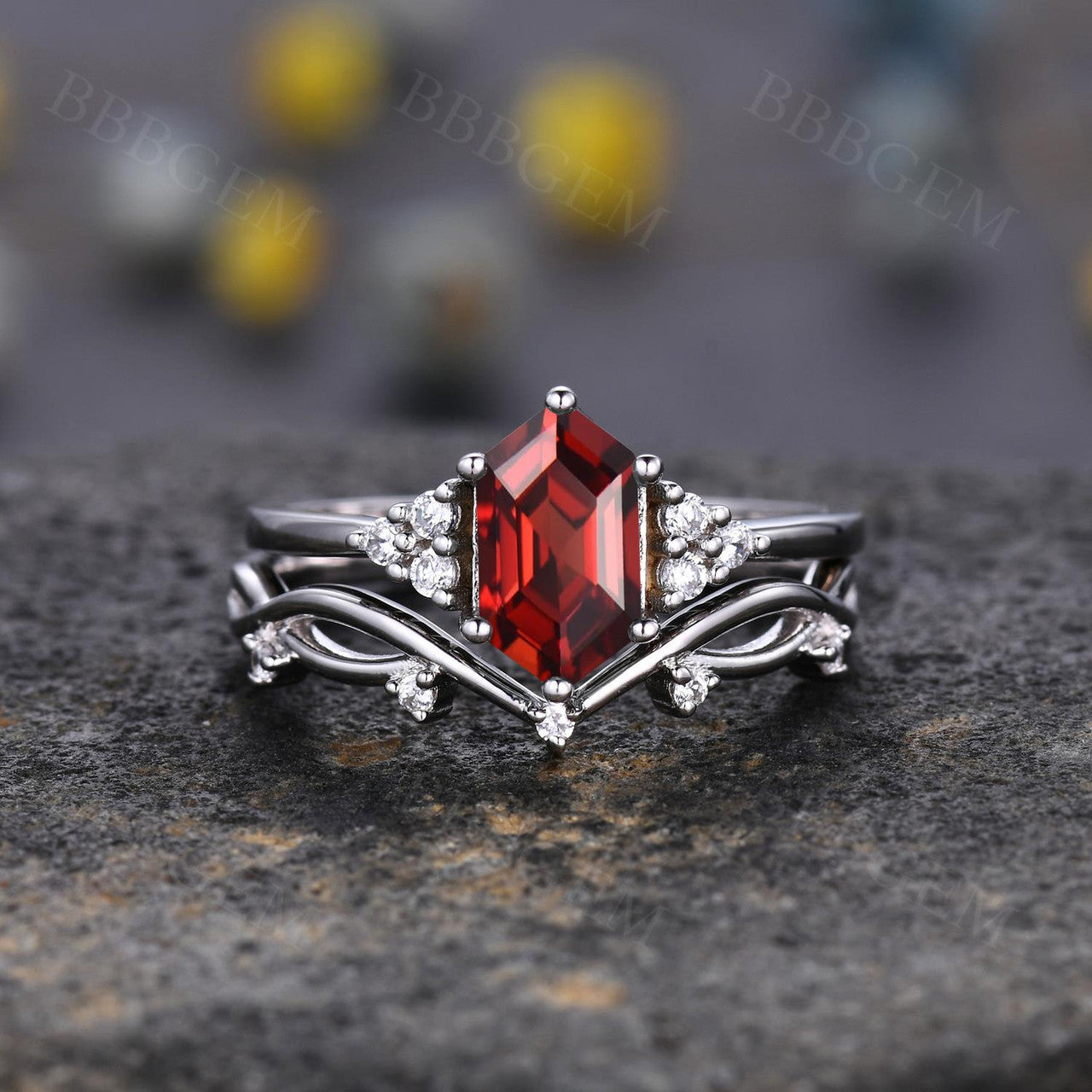 Hexagon Ruby and Diamond White Gold Wedding Ring Set - Nature-Inspired Twig Leaf Vine Cluster Design for Women - Perfect for Engagement, Anniversary, and Special Occasions