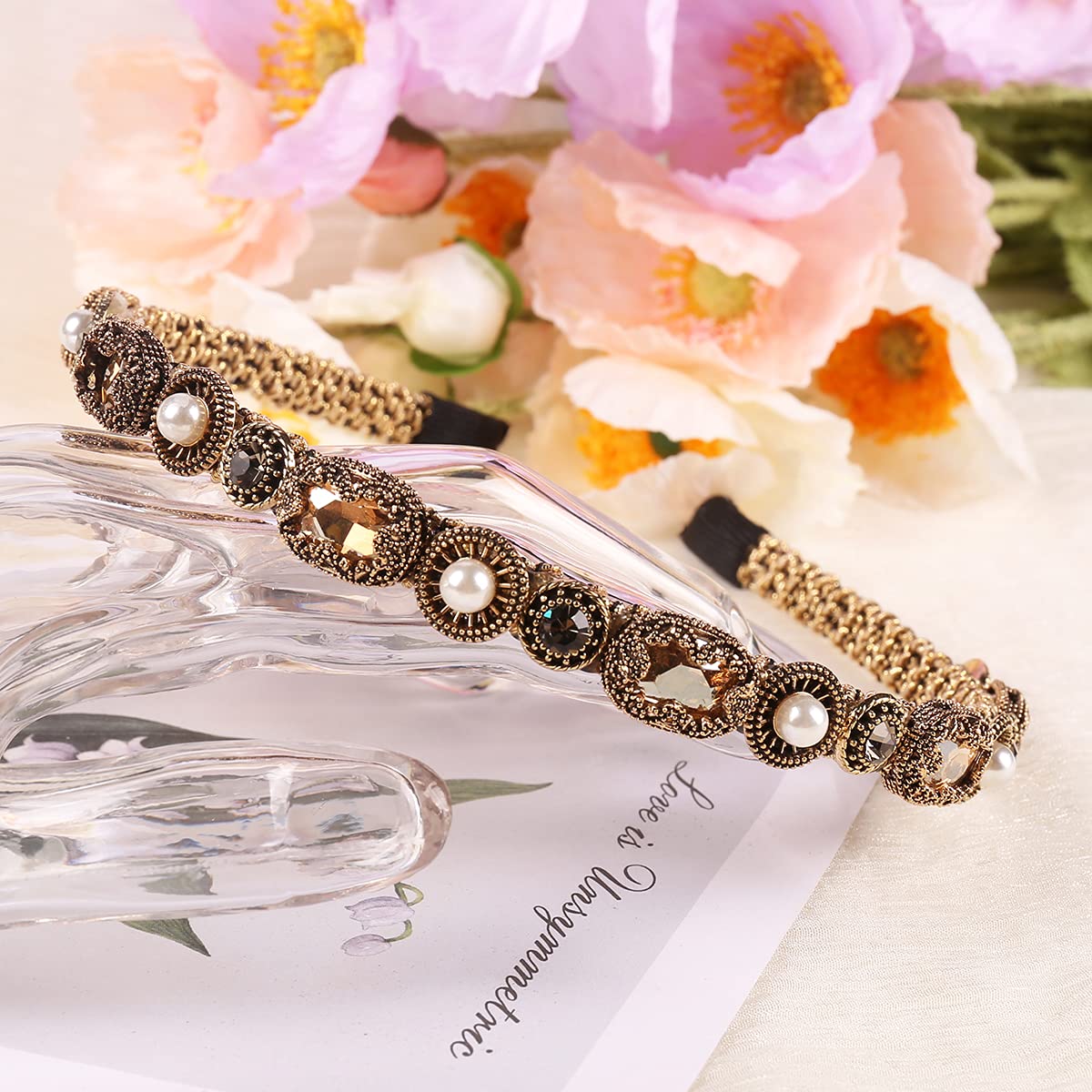 YARN & INK Gold Rhinestone Pearls Headbands for Women & Girls - Non-Slip Bling Hair Accessories for Parties, Weddings & Christmas Gifts (Baroque Champagne)