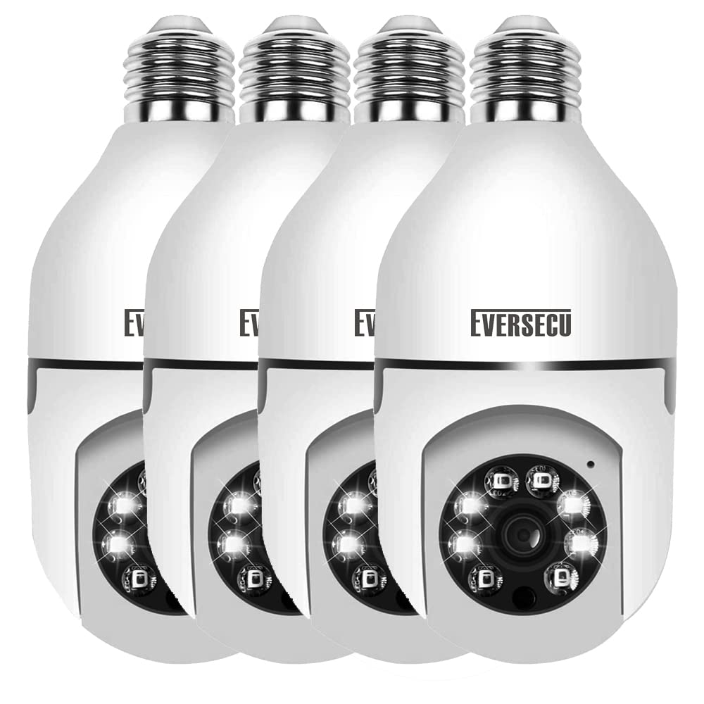 EVERSECU 1080P 2.0MP Wireless Light Bulb PTZ Security Camera - Motion Auto Tracking, 2-Way Audio, Night Vision, Tuya Smart Life App, WiFi IP PTZ CCTV Camera with E27 Connector (4 Pack) - Ideal for Home Security, Baby Monitoring & Pet Surveillance