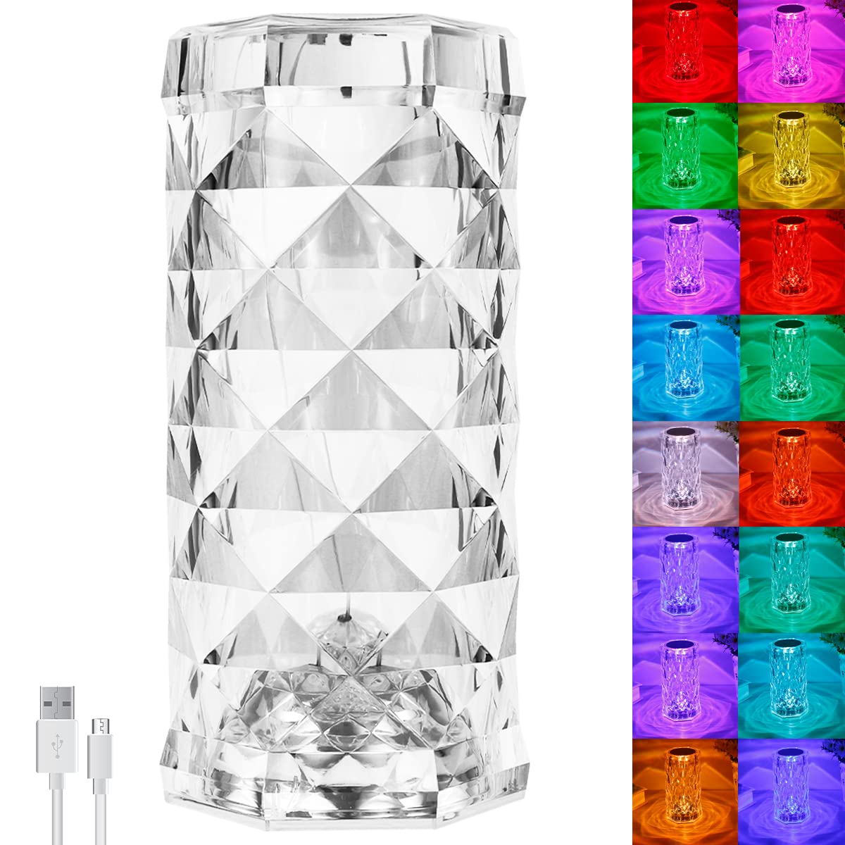 16-Color USB Rechargeable Crystal Table Lamp with Remote & Touch Control - Dimmable LED Diamond Night Light for Bedroom, Living Room, Office Desk Decor & Romantic Ambiance Lighting
