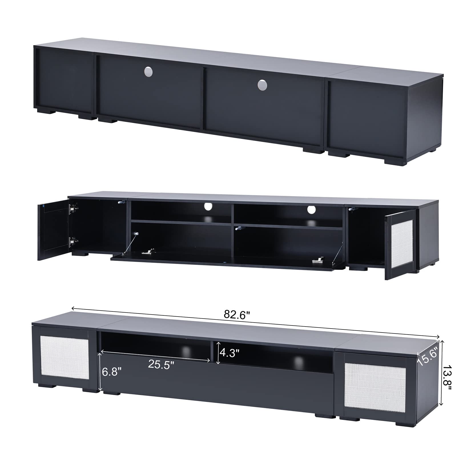 3-Piece Modern Extended TV Stand Console for TVs Up to 85 Inches - Rattan Style Entertainment Center with Color-Changing LED Lights & Push-to-Open Doors - Black - Perfect for Home Theater, Living Room & Media Room Setup