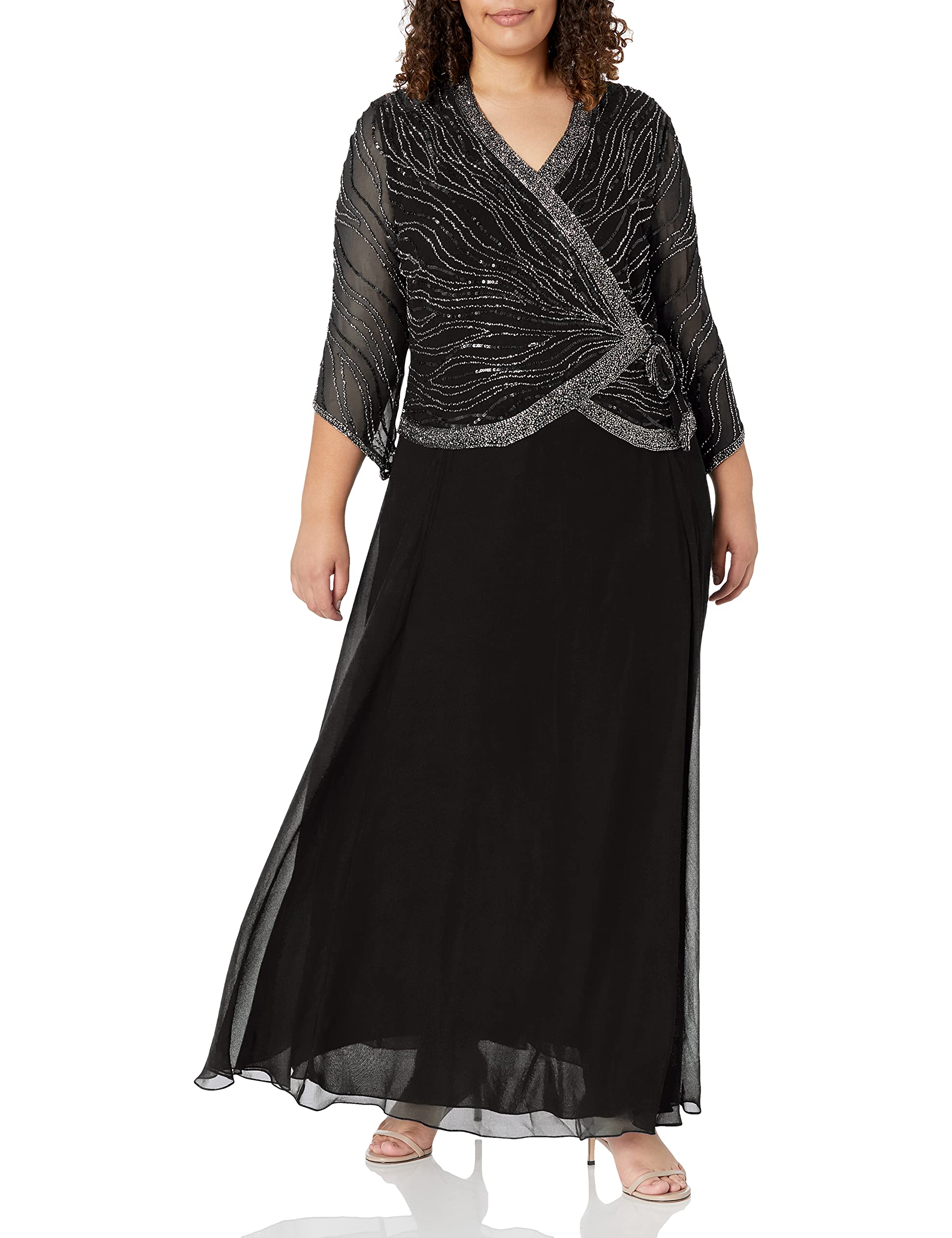 J Kara Women's Plus Size Long 3/4 Sleeve V-Neck Beaded Faux Wrap Dress for Party, Wedding & Special Occasions | Elegant Formal Attire for Curvy Women