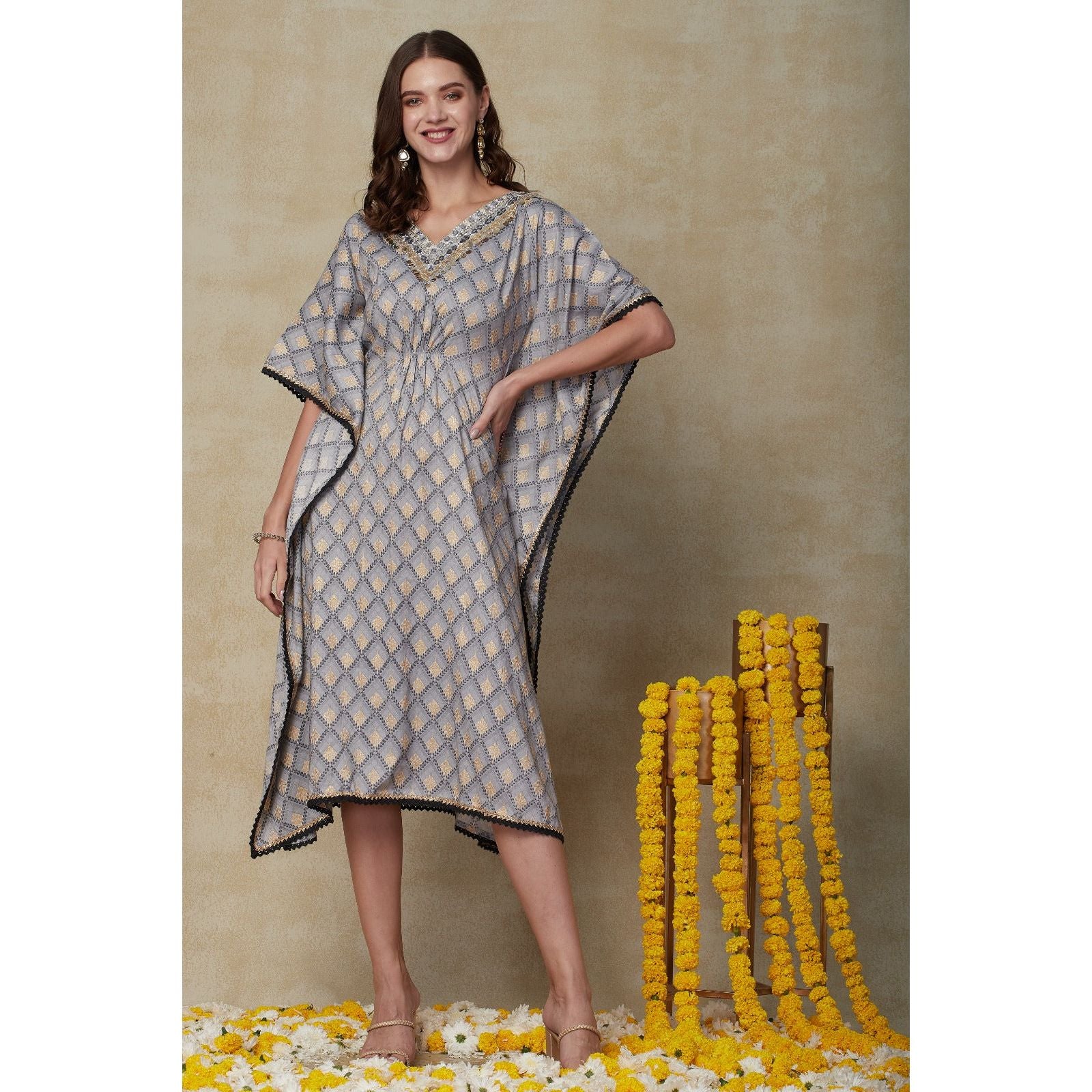 Elegant Grey Kaftan Dress for Women - Flowy Maxi Dress with Long Sleeves - Perfect for Beach Cover Up, Vacation, Boho Chic Outfits & Summer Fashion