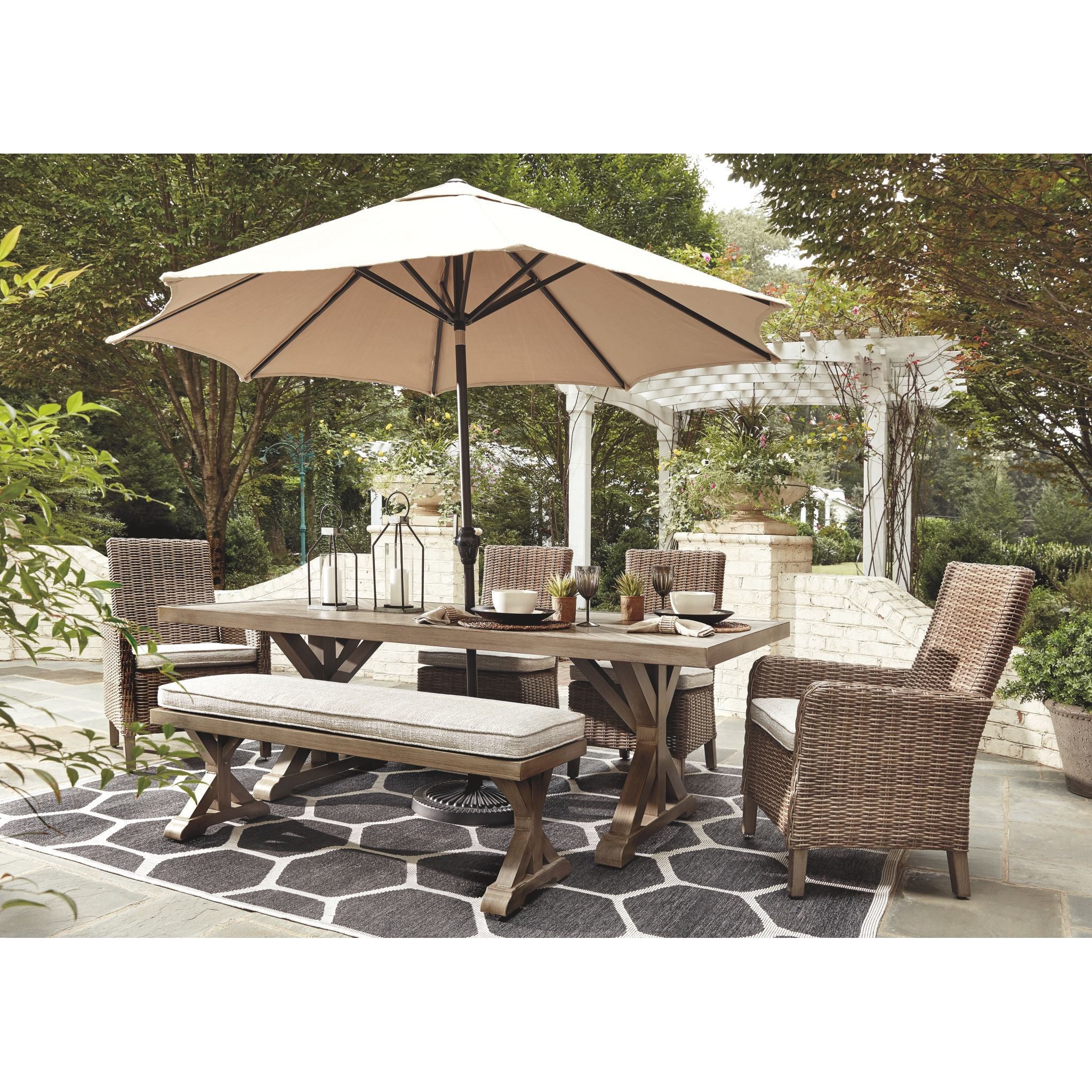 Beachcroft 7-Piece Outdoor Patio Dining Set - Beige Wicker Furniture for Backyard, Garden, Poolside & Deck - Weather-Resistant Rattan Table & Chairs