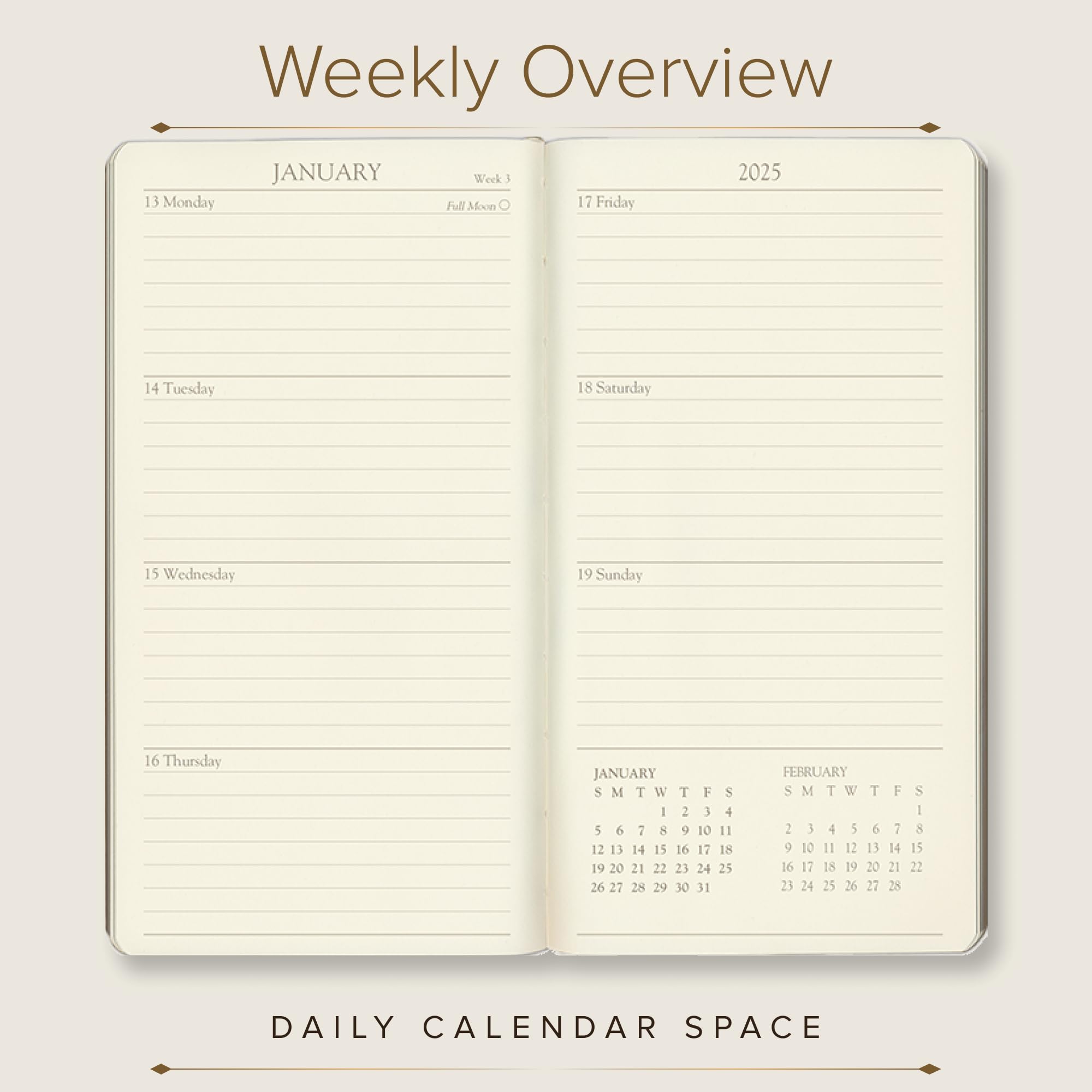 2025 Gallery Leather Pocket Weekly & Monthly Planner - Elegant Gold-Gilded Page Edges, 6 x 3.25