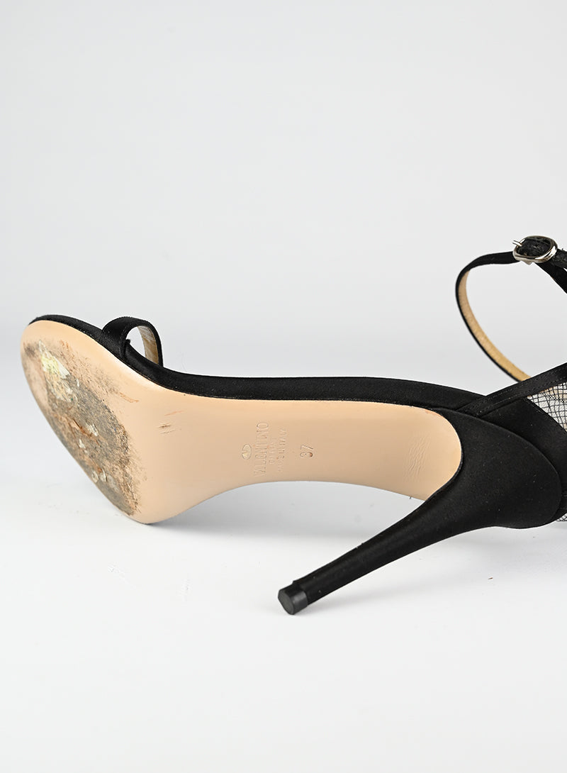 Valentino Black Satin Sandals with Flower Detail - Size 37 | Elegant Women's Dress Sandals for Weddings & Special Occasions