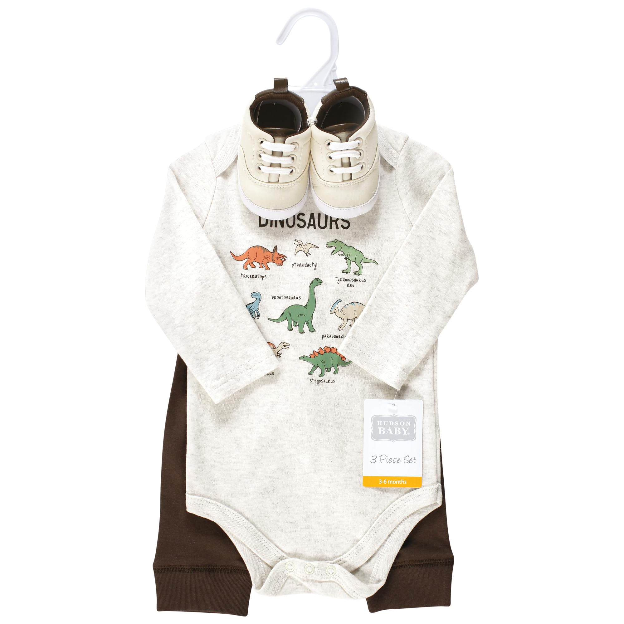 Hudson Baby Unisex Cotton Bodysuit, Pants & Shoe Set - Dinosaur Adventures (0-3 Months) | Soft Newborn Outfit for Baby Boys & Girls | Perfect for Playtime, Photo Shoots & Gifts