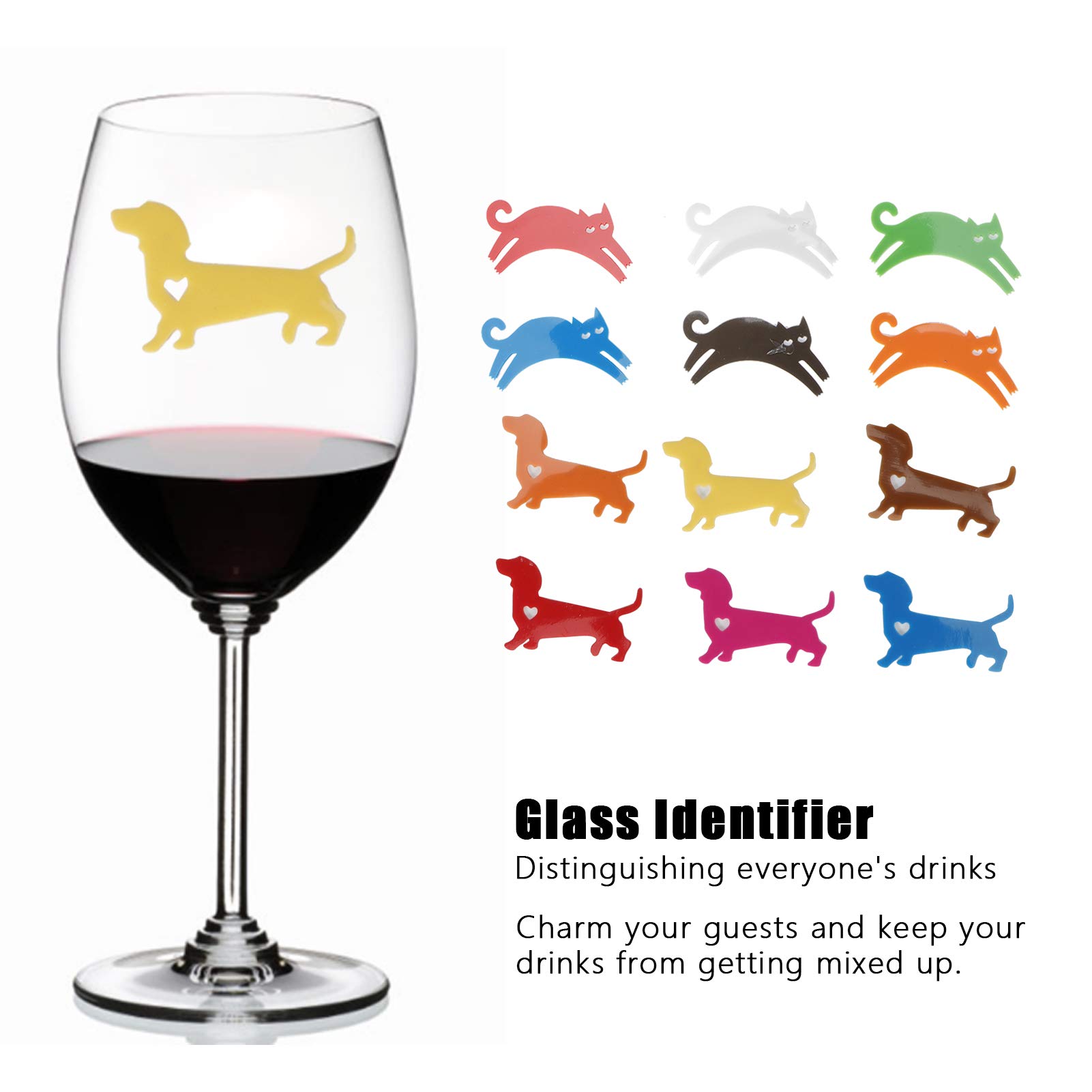 Zerodis 24-Piece Wine Glass Markers Set - Cute Cat & Dog Shaped Drink Identifiers for Wine, Cocktail, and Champagne Glasses - Perfect for Bar Parties, Dinner Events, and Wedding Receptions