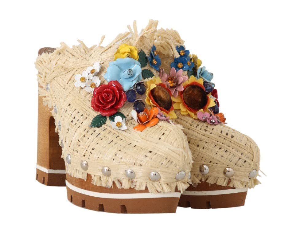Dolce & Gabbana Women's Beige Raffia Mules with Floral Design - Comfortable Summer Slide Sandals for Beach, Poolside & Casual Outings
