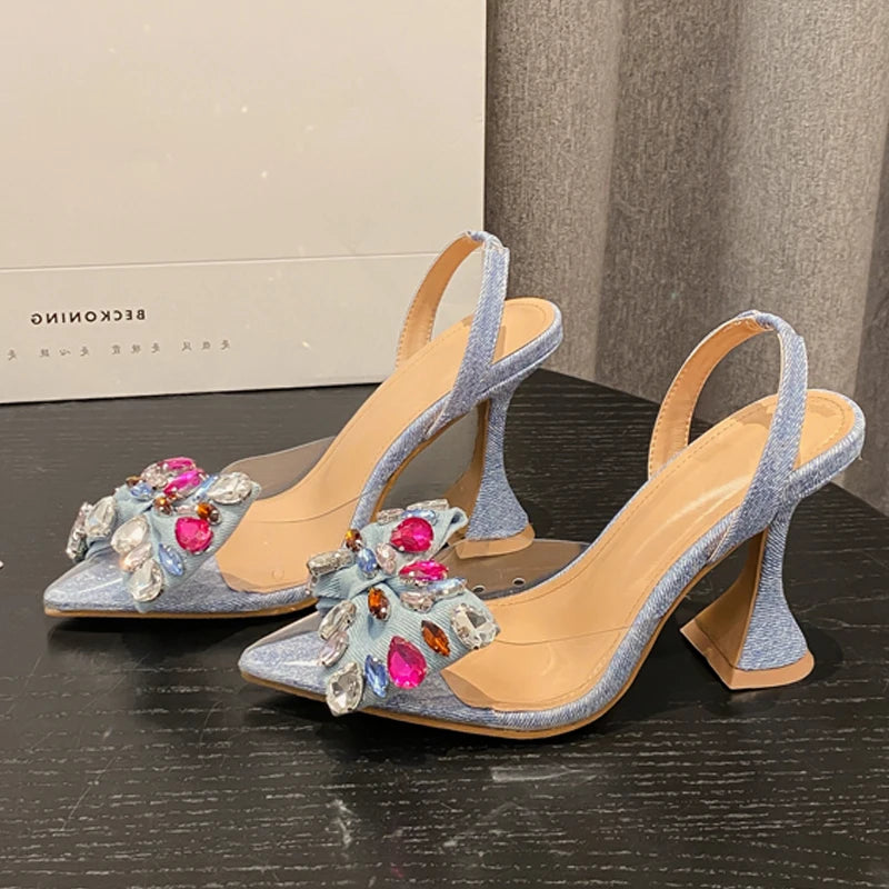 Eilyken Women's Fashion Denim Bowknot Crystal Pointed Toe High Heel Sandals - Sexy Prom Party Shoes for Spring & Summer | Perfect for Weddings, Date Nights & Special Occasions