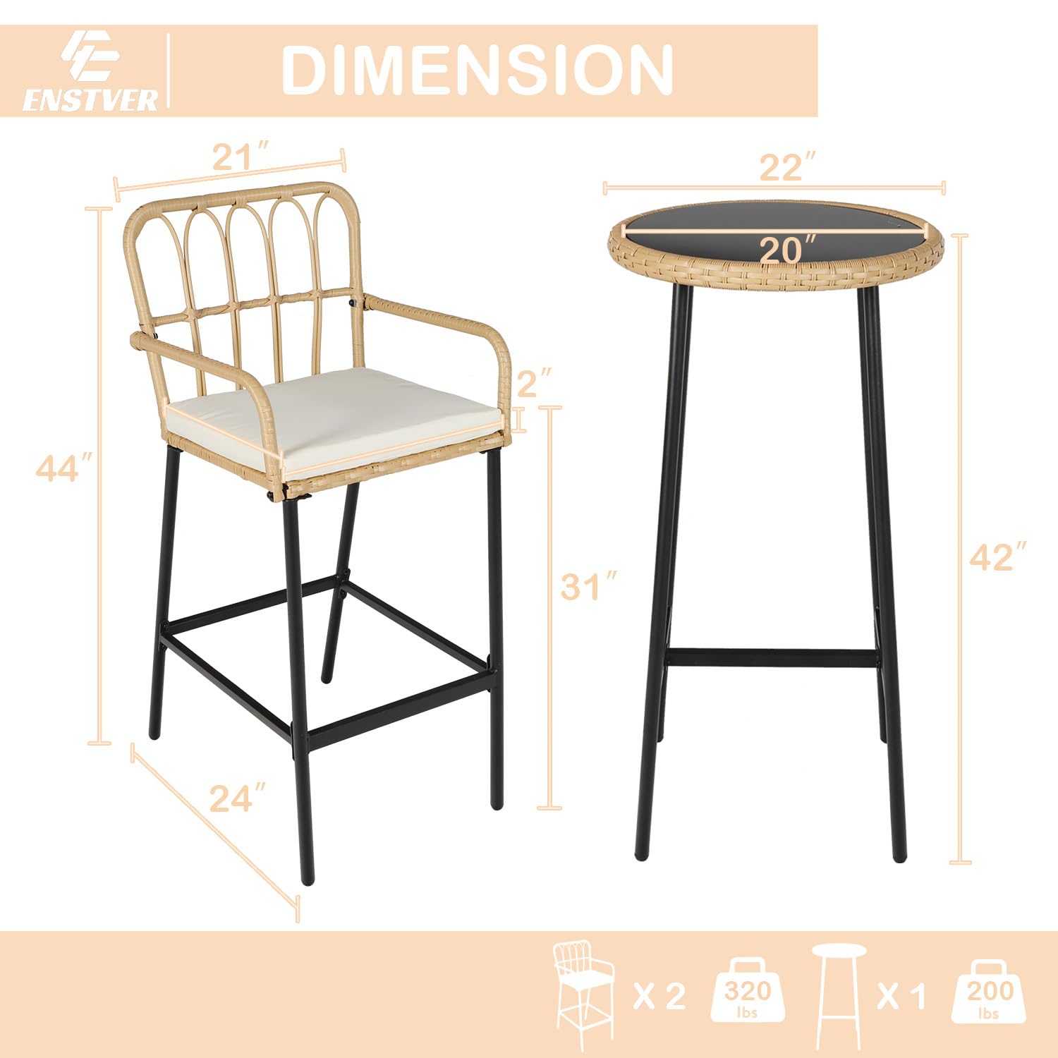 ENSTVER 3-Piece Rattan Bar Set with Cushions - Outdoor High Top Table & 2 Chairs, Tempered Glass Bar Table - Patio Bistro Dining Set for Backyard, Garden, Balcony, Poolside & Outdoor Entertaining