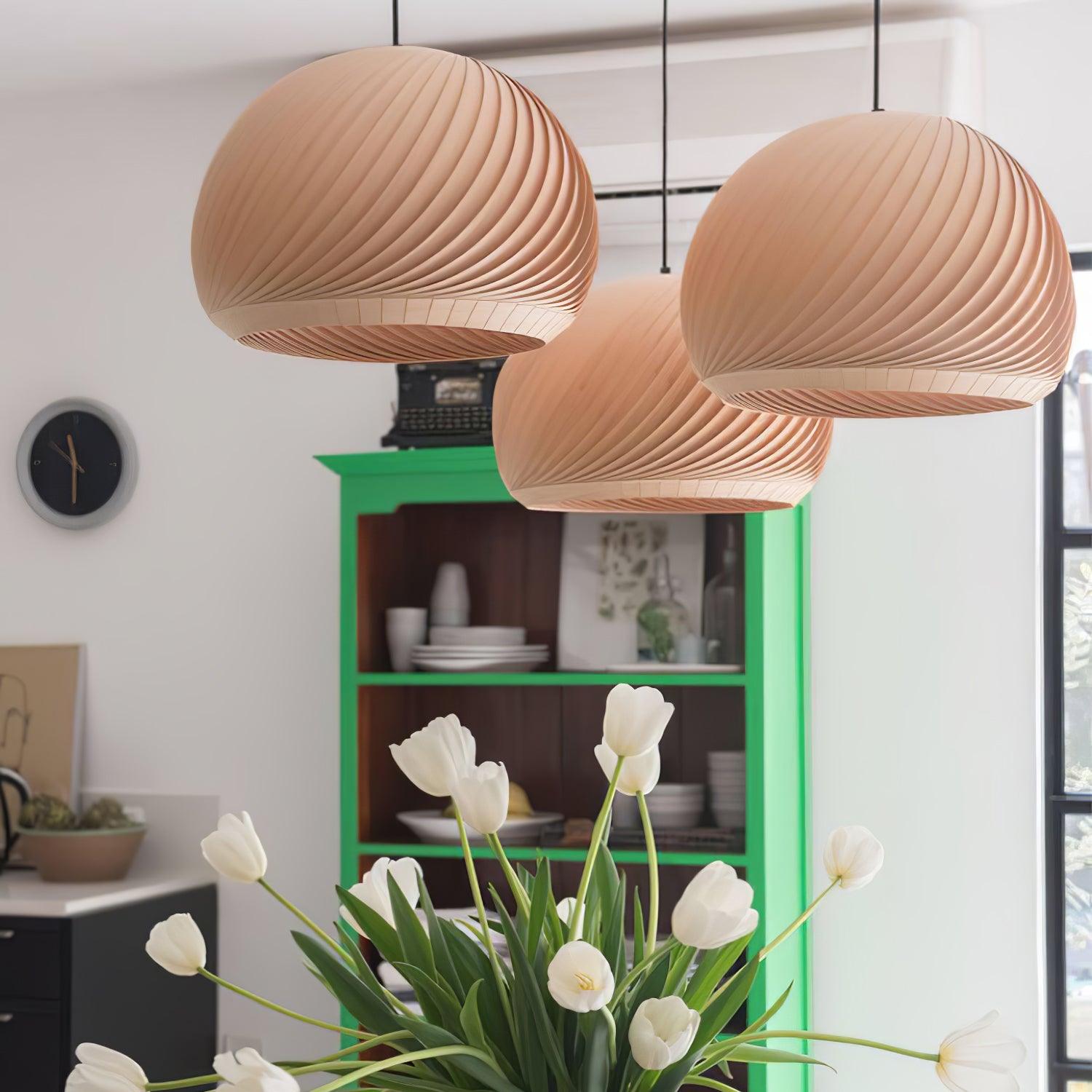 Aurora Whorl Wood Pendant Lamp - Handcrafted Wooden Hanging Light Fixture for Dining Room, Bedroom & Living Room Decor - Natural Boho Style Ceiling Light for Home & Cafe Lighting