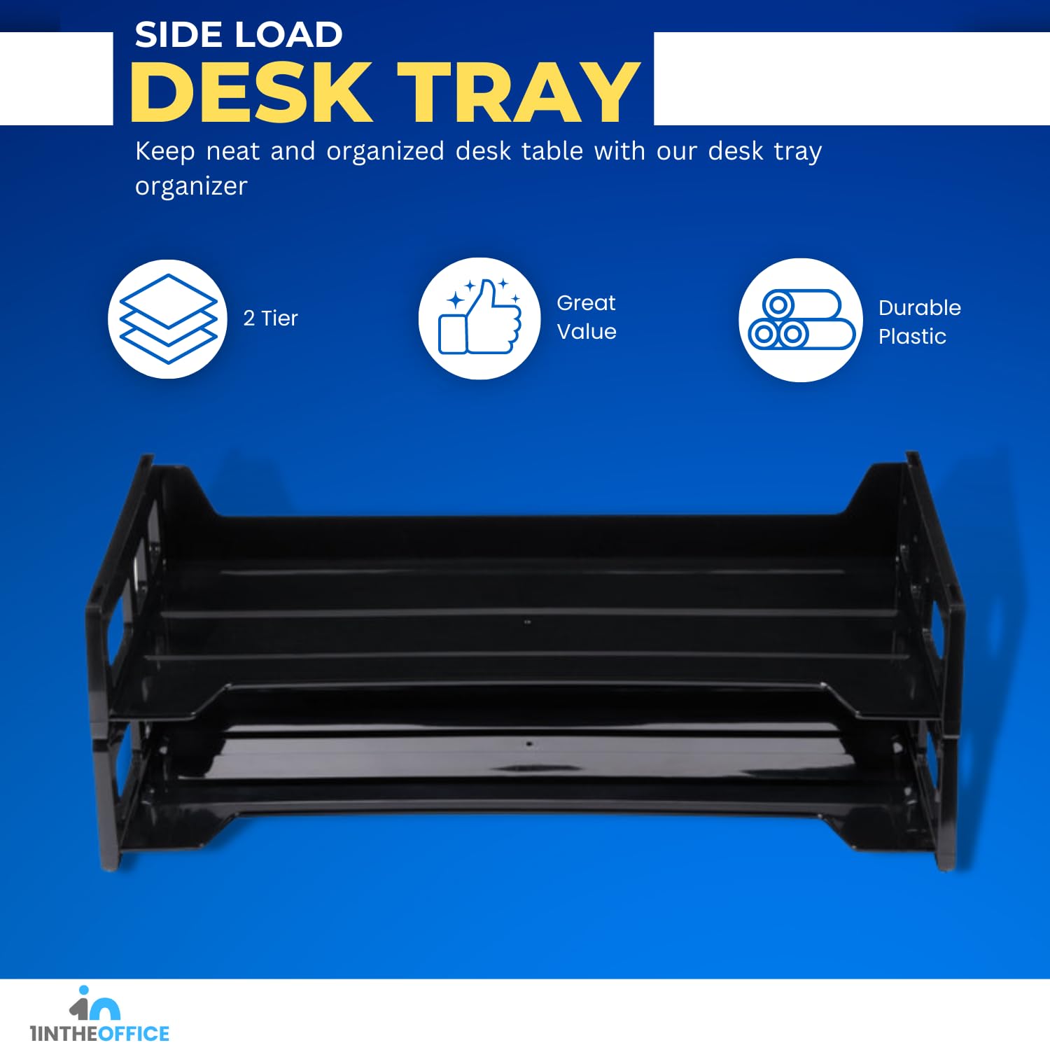 1InTheOffice Stackable 2-Tier Black Desk Organizer Tray - Letter Size Side Load Paper Tray for Office, Home & School - Perfect for Organizing Files, Documents & Mail