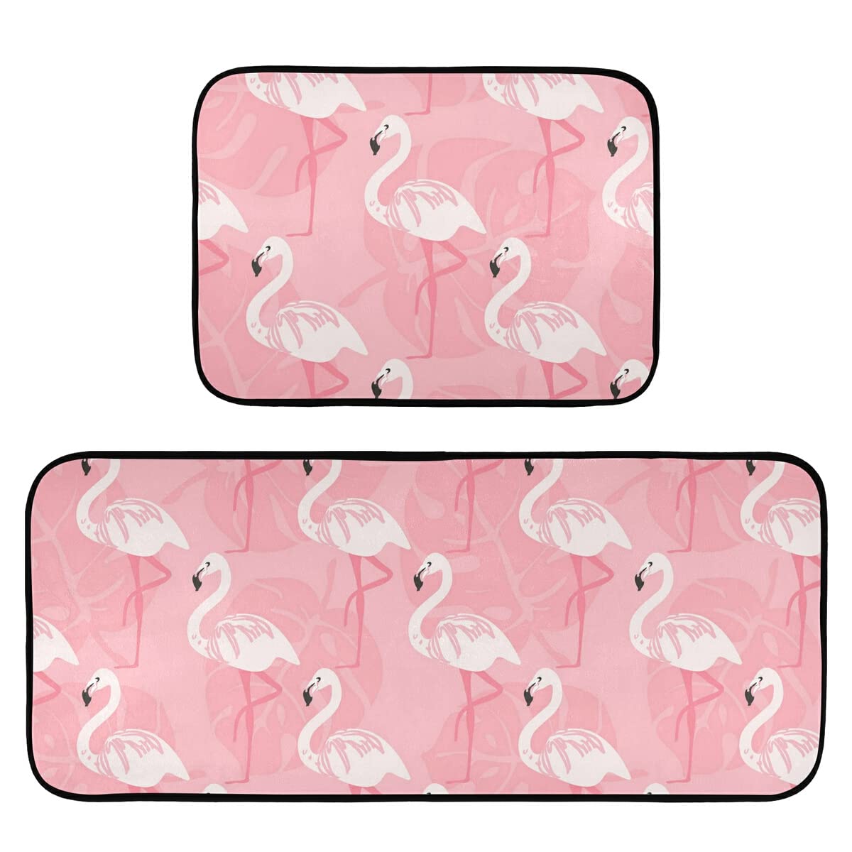 Non-Slip Washable Pink Flamingo Kitchen Rugs Set of 2 - Soft Bathroom Mats for Living Room, Entryway & Home Decor - Cute Floral Runner Floor Mat with Anti-Skid Backing for High Traffic Areas