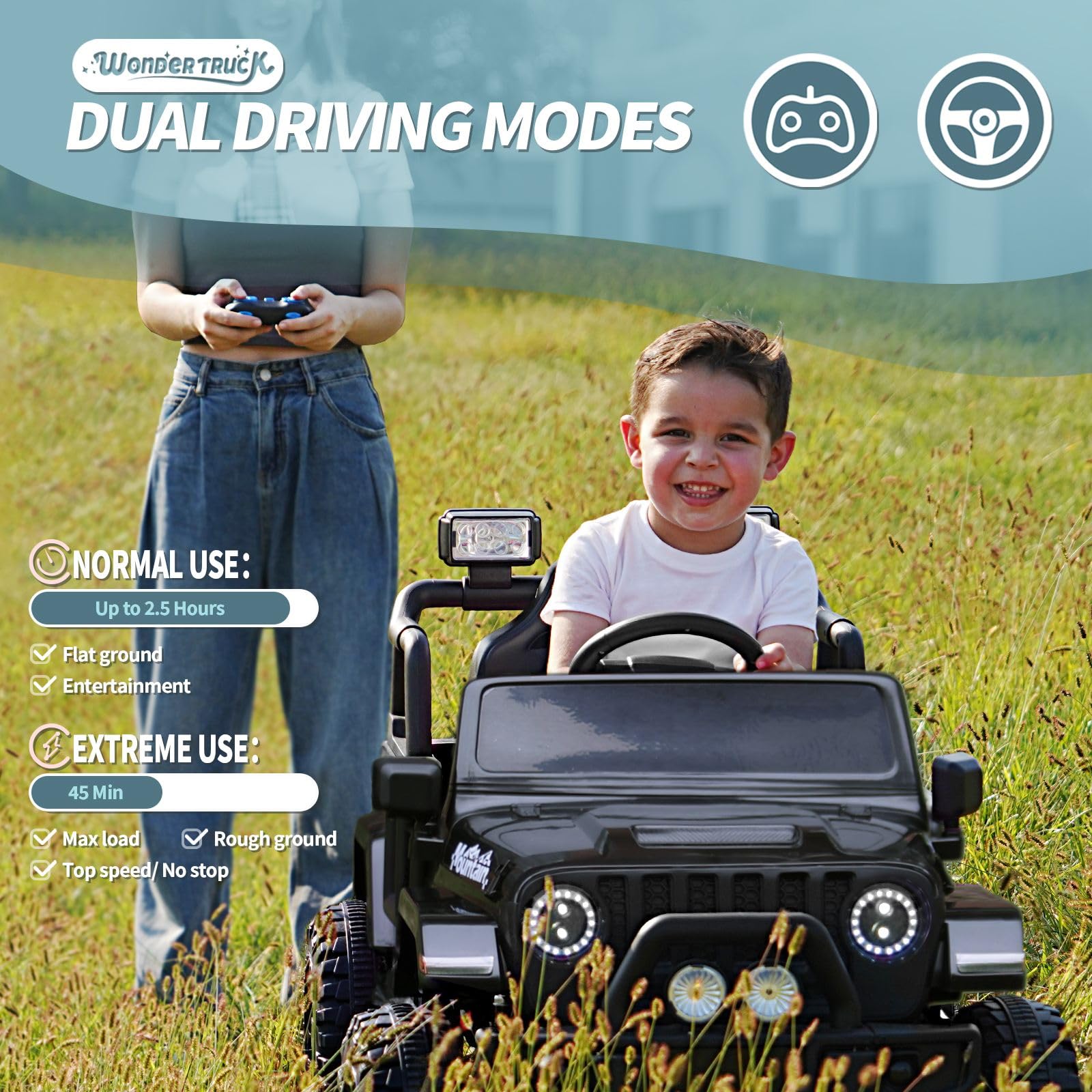 Joywhale 12V Kids Electric Ride-On Truck with Remote Control - 4-Wheel Suspension, LED Lights, Music & FM Radio, Seat Belt - Battery Powered Motorized Car for Boys & Girls (Black) | Perfect for Indoor & Outdoor Play, Birthday Gifts, and Backyard Adventures