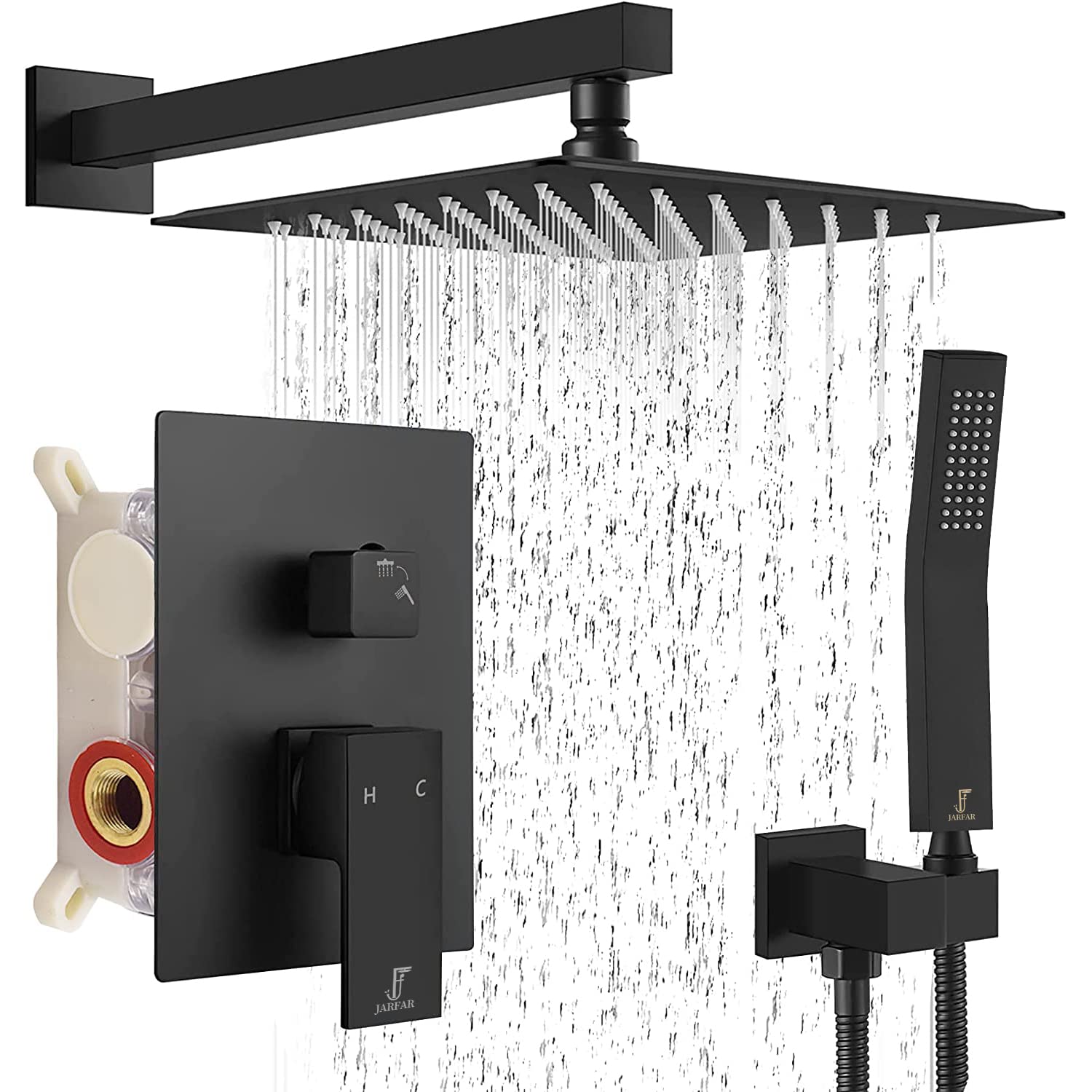 JARFAR 12 Inch Matte Black Shower System - Luxury Rainfall Shower Combo Set with Ceiling Shower Head, Faucet & Rough-in Valve - Perfect for Modern Bathroom Renovation & Spa-Like Shower Experience