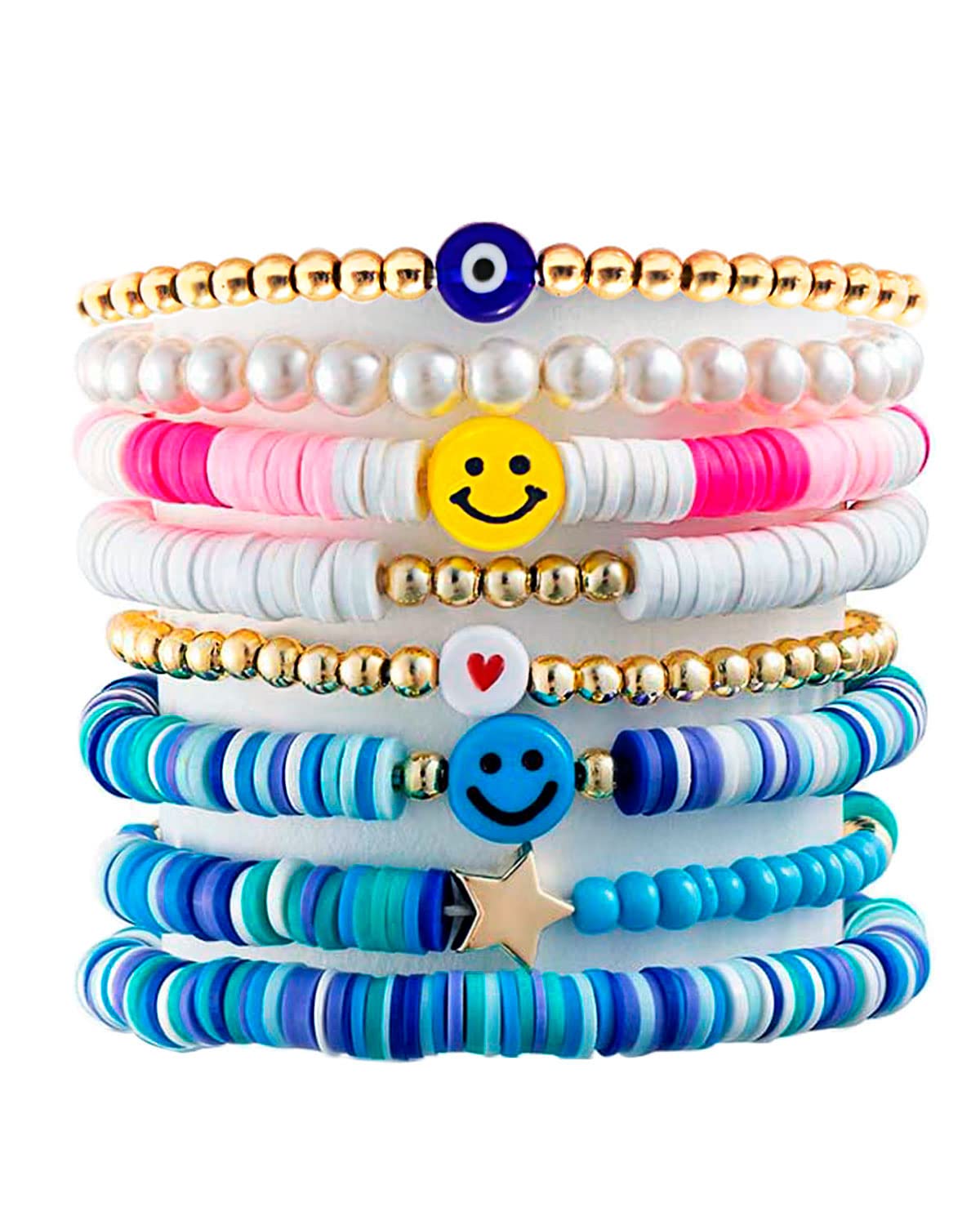 Palotay 8PCS Colorful Smiley Face & Evil Eye Beaded Stackable Bracelets Set - Stretch Clay Bead & Pearl Y2K Jewelry for Women & Girls | Perfect for Summer, Beach, Boho Style & Everyday Wear