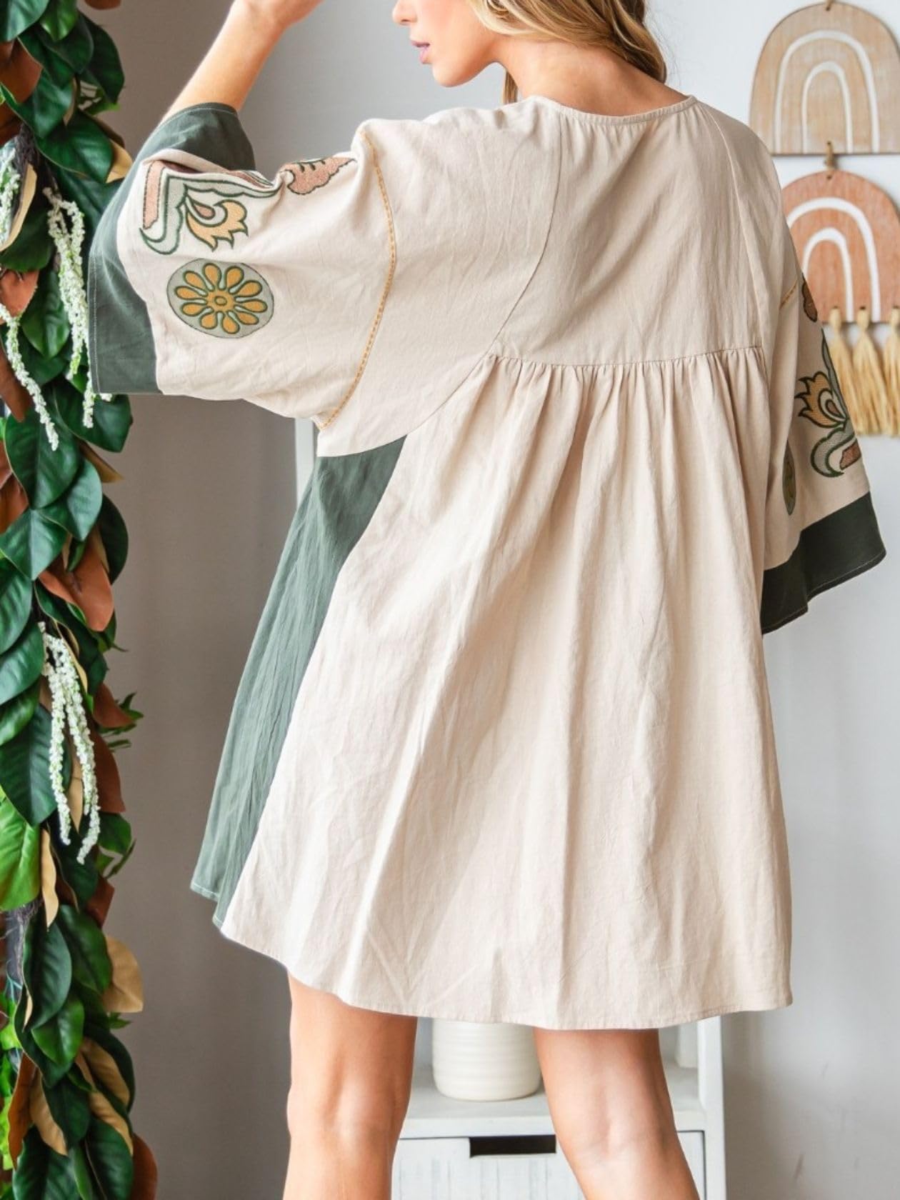 Women's Floral Embroidered Linen Blend Dress - Loose Fit V-Neck Vintage Babydoll Dress with Elegant Embroidery | Perfect for Summer Outings, Beach Vacations & Boho Chic Style