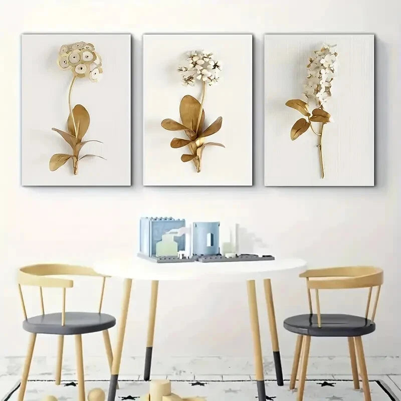 3-Piece Golden Simple White Flower Metal Wall Art - Ready to Hang Canvas Prints for Living Room, Bedroom & Office Decor