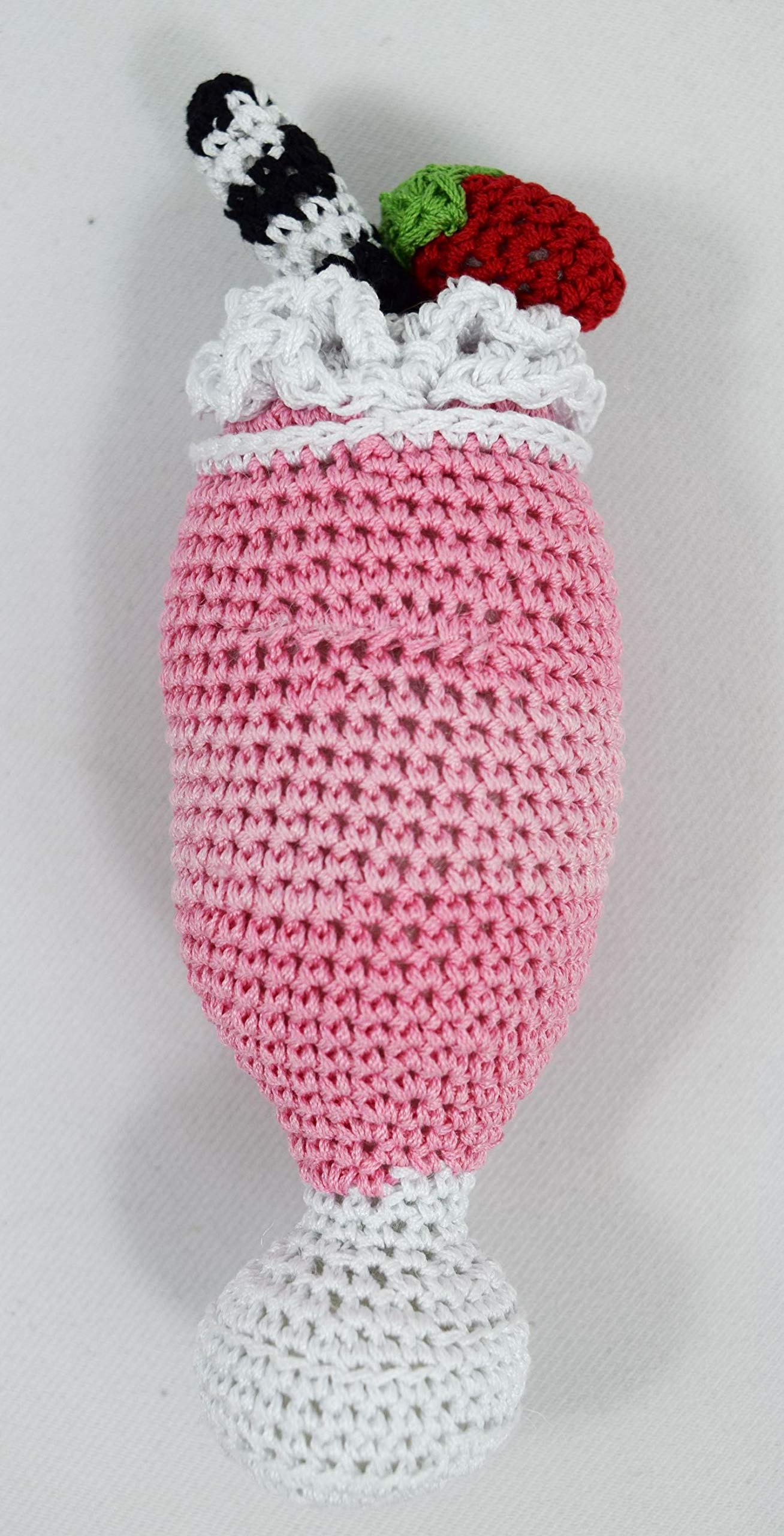 Organic Cotton Crochet Squeaky Dog Toy for Small Dogs - Teeth Cleaning Chew Toy, Strawberry Milkshake Design | Perfect for Puppy Teething, Dental Care & Playtime Fun