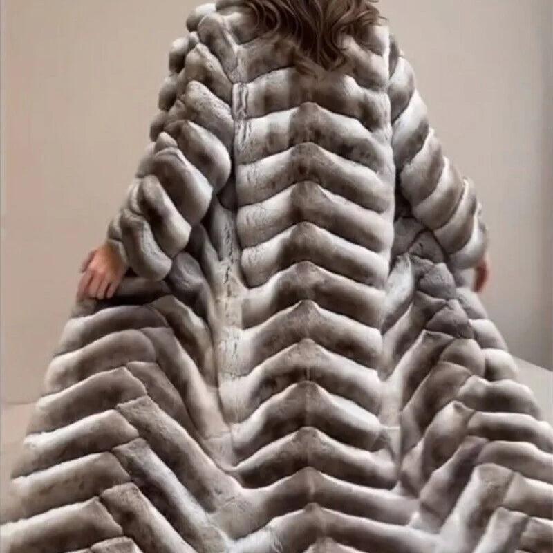Luxury Women's Long Rex Rabbit Fur Overcoat - Chinchilla Look Winter Coat for Women | Warm Fashion Outerwear for Cold Weather, Parties & Special Occasions