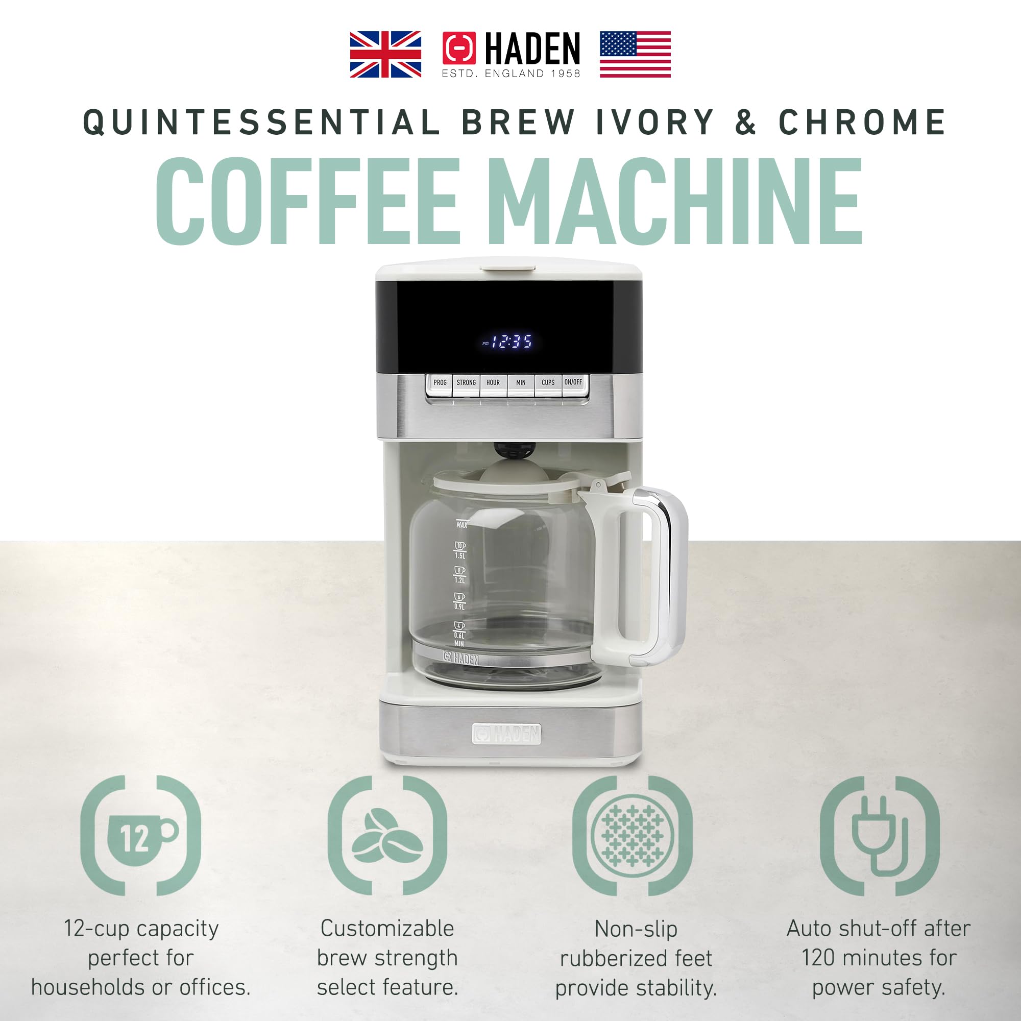 HADEN Quintessential 12 Cup Programmable Coffee Maker with 120-Minute Keep Warm, Delay Brew, Adjustable Strength & Anti-Drip - Ivory/Chrome - Perfect for Home, Office & Morning Brews