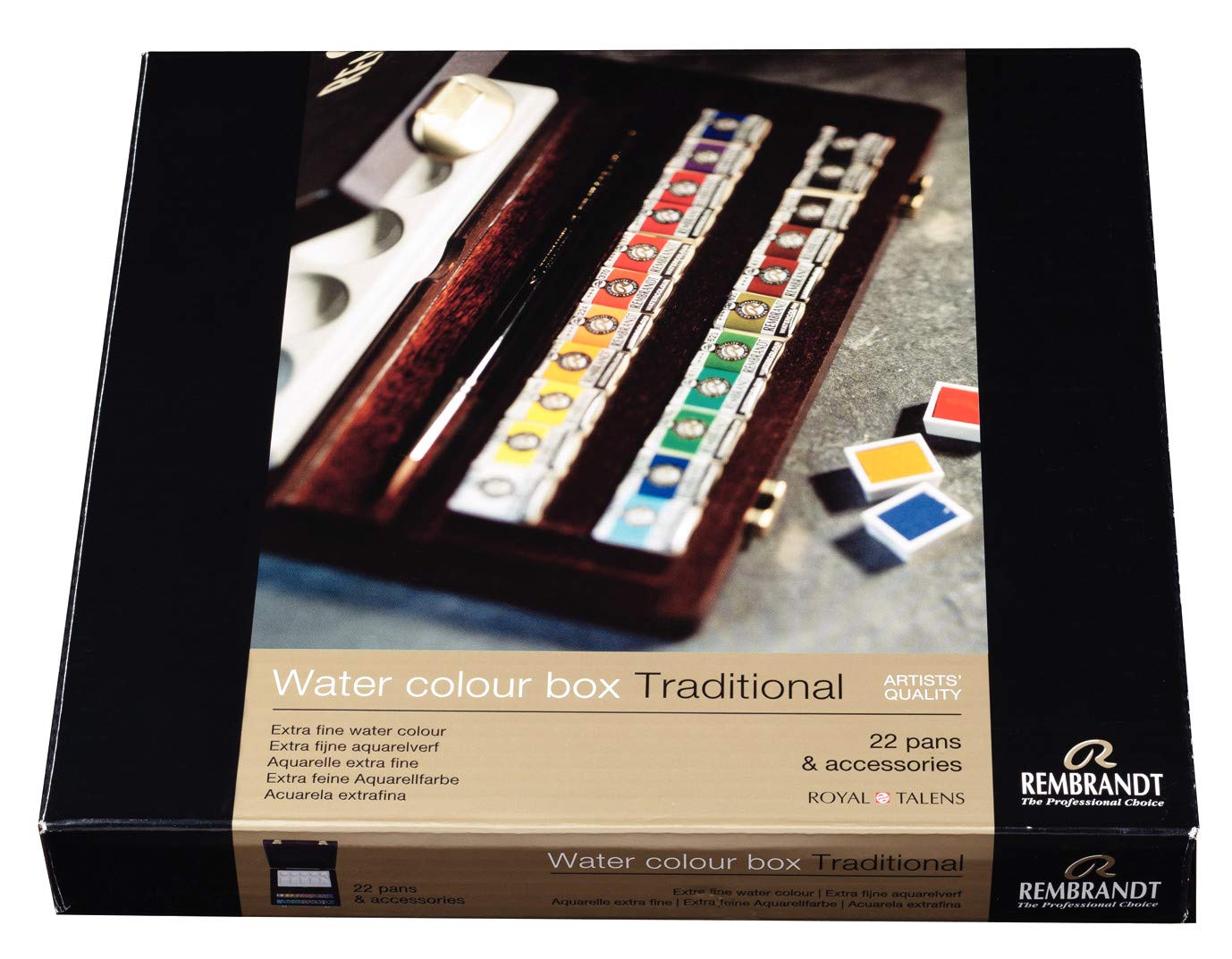 Rembrandt Professional Watercolor Paint Set - 22 Vibrant Colors in Wooden Box with 2 Artist Accessories | Perfect for Landscape Painting, Portrait Art & Studio Work