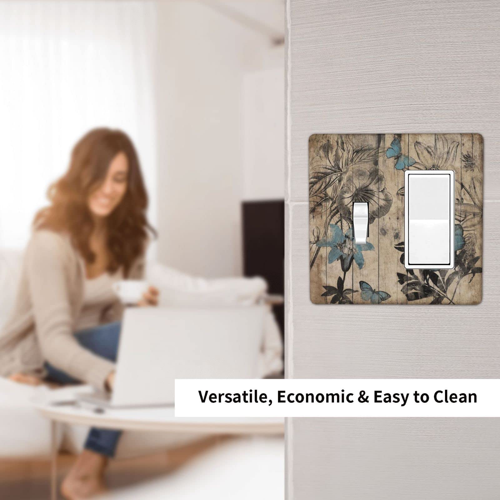Blue Wood Floral 2-Gang Combination Light Switch Cover - Decorative Plastic Wall Plate & Outlet Cover for Electrical Decor - Perfect for Kids Bedroom, Bathroom & Home Interior Design