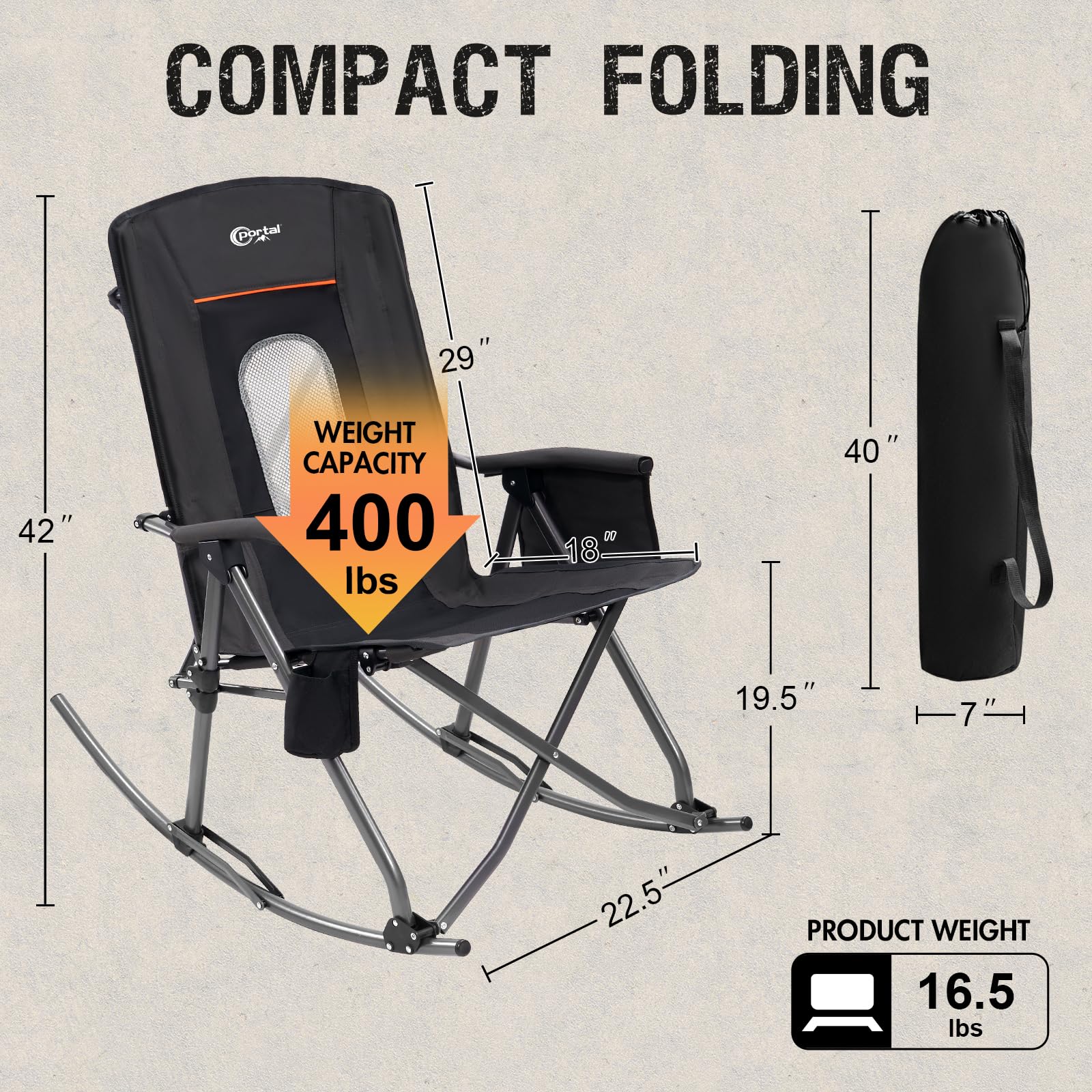 **PORTAL Oversized Folding Rocking Camping Chair - Portable Outdoor Rocker with High Back, Hard Armrests & Carry Bag - Supports 400 lbs, Breathable Mesh Back - Perfect for Camping, Beach, Backyard & Patio Relaxation**