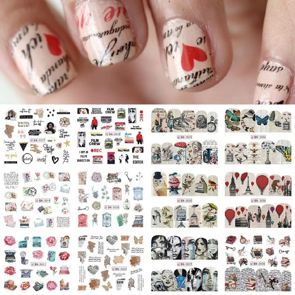 DIY Nail Art Water Transfer Decals - 12 Sheets with Letters, Newspaper & Love Designs for Valentine's Day | Nail Stickers & Tattoo Stickers for Manicures, Parties & Special Occasions