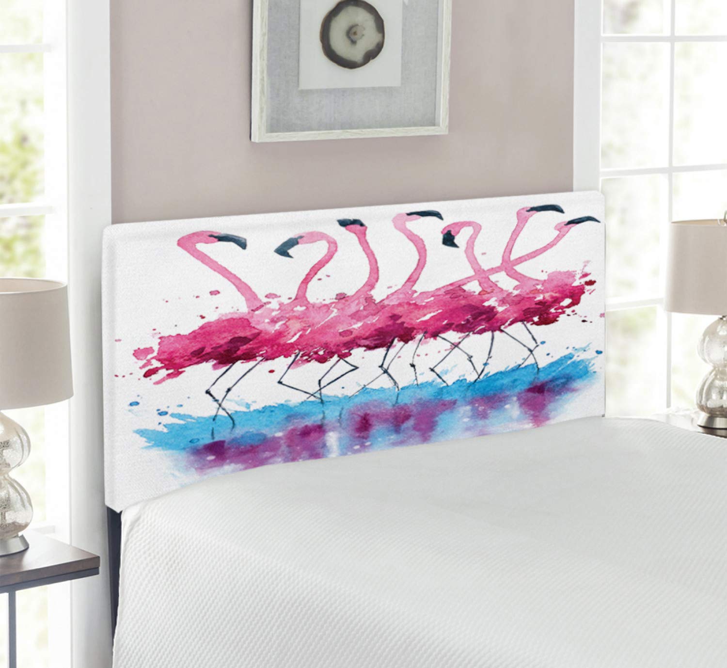 Ambesonne Flamingo Love Birds Feather Watercolor Headboard - Upholstered Decorative Metal Bed Frame with Memory Foam, Twin Size in Pink Blue Purple - Perfect for Bedroom Decor & Romantic Theme Rooms