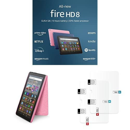 Fire HD 8 Tablet 64GB - Rose (Ad-Supported) with Amazon Standing Case & 2-Pack Screen Protector Bundle | Perfect for Reading, Streaming & Travel