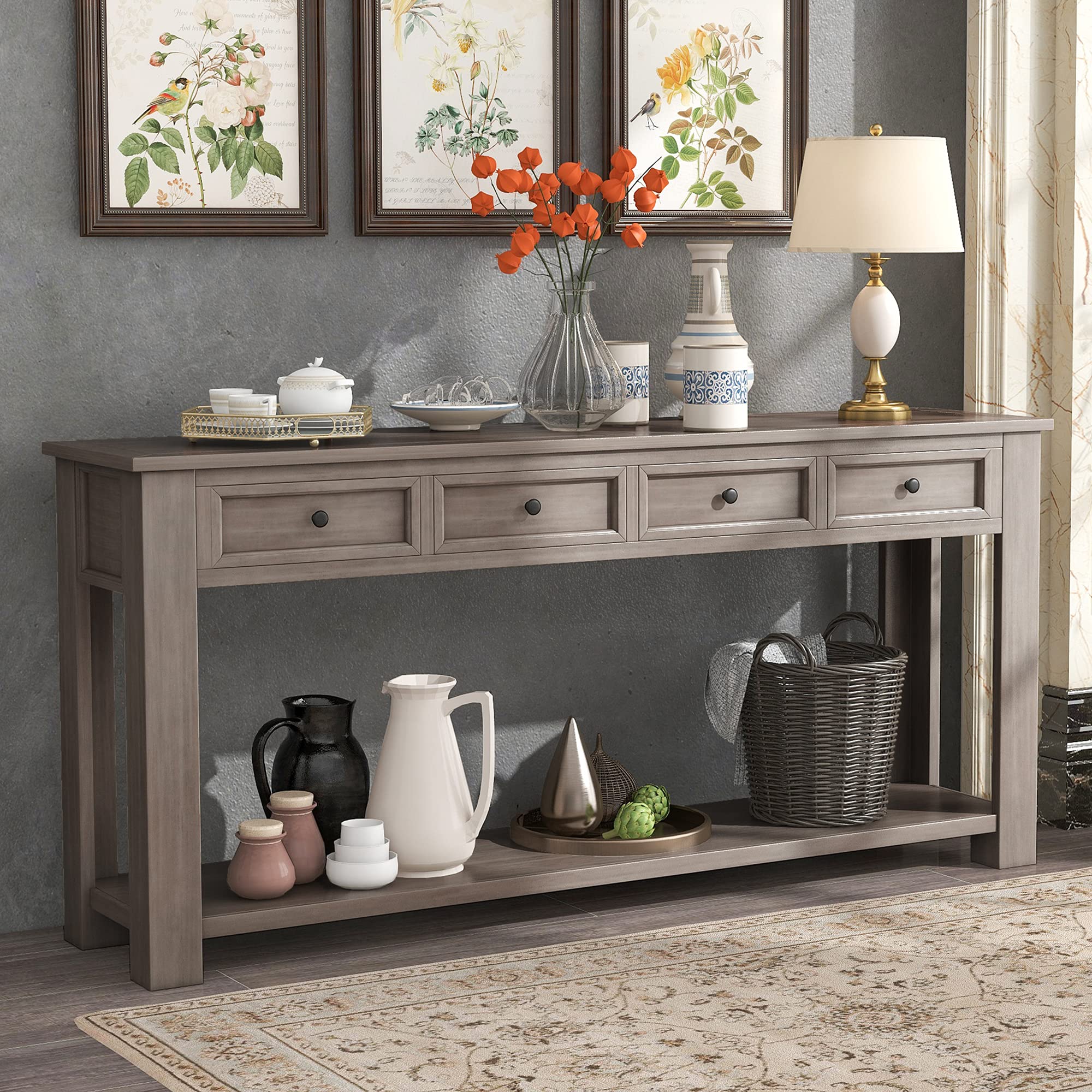 P PURLOVE Gray Wash Console Table with Storage Drawers & Bottom Shelf - Entryway Hallway Sofa Table for Living Room, Bedroom & Home Decor