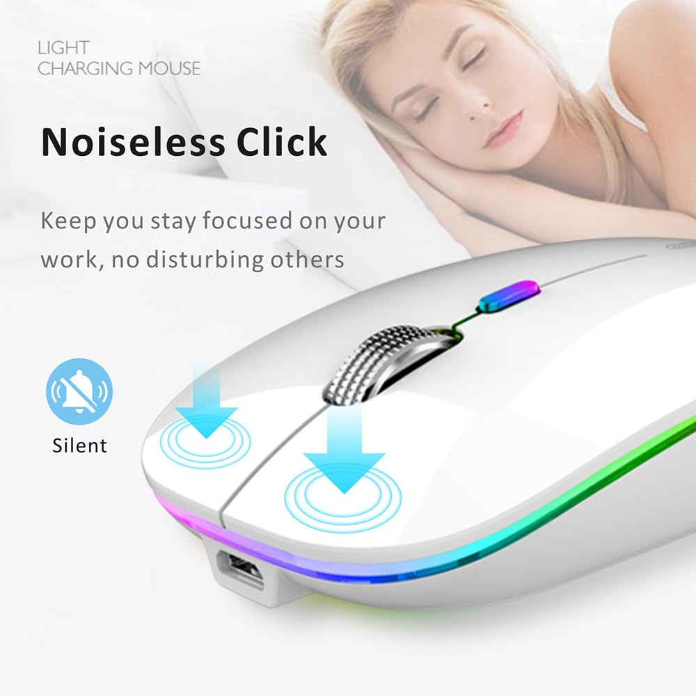 Uiosmuph G12 Slim Wireless LED Mouse - Rechargeable Silent Optical Mouse with 2.4G USB Receiver & Type-C Adapter - Perfect for Office, Home & Travel (White)