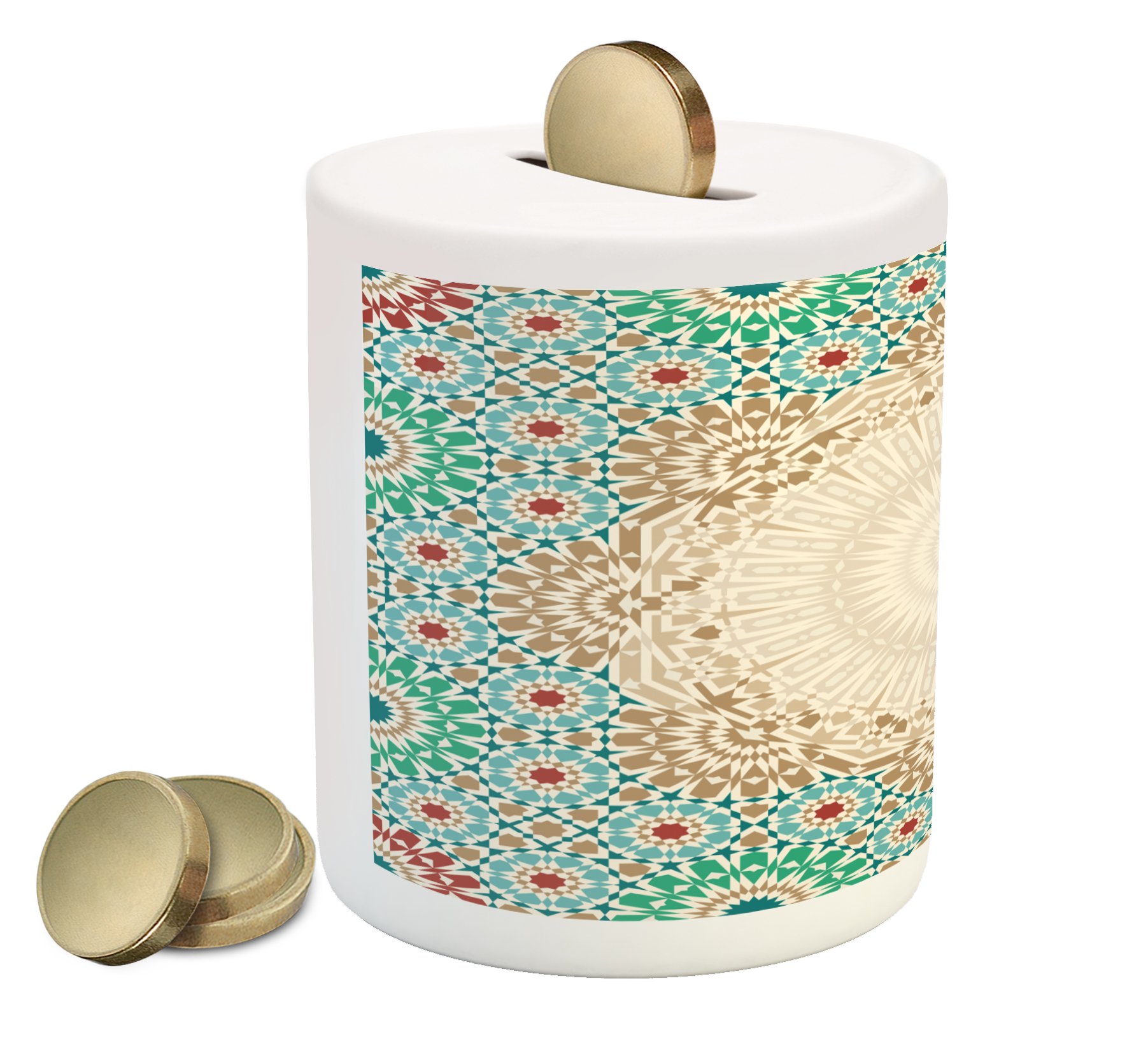 Ambesonne Moroccan Piggy Bank - Hand-Painted Ceramic Coin Bank with Ottoman Mosaic & Oriental Floral Patterns, Boho Money Box for Cash Savings - Perfect for Home Decor, Gift Giving & Financial Education (Multicolor)