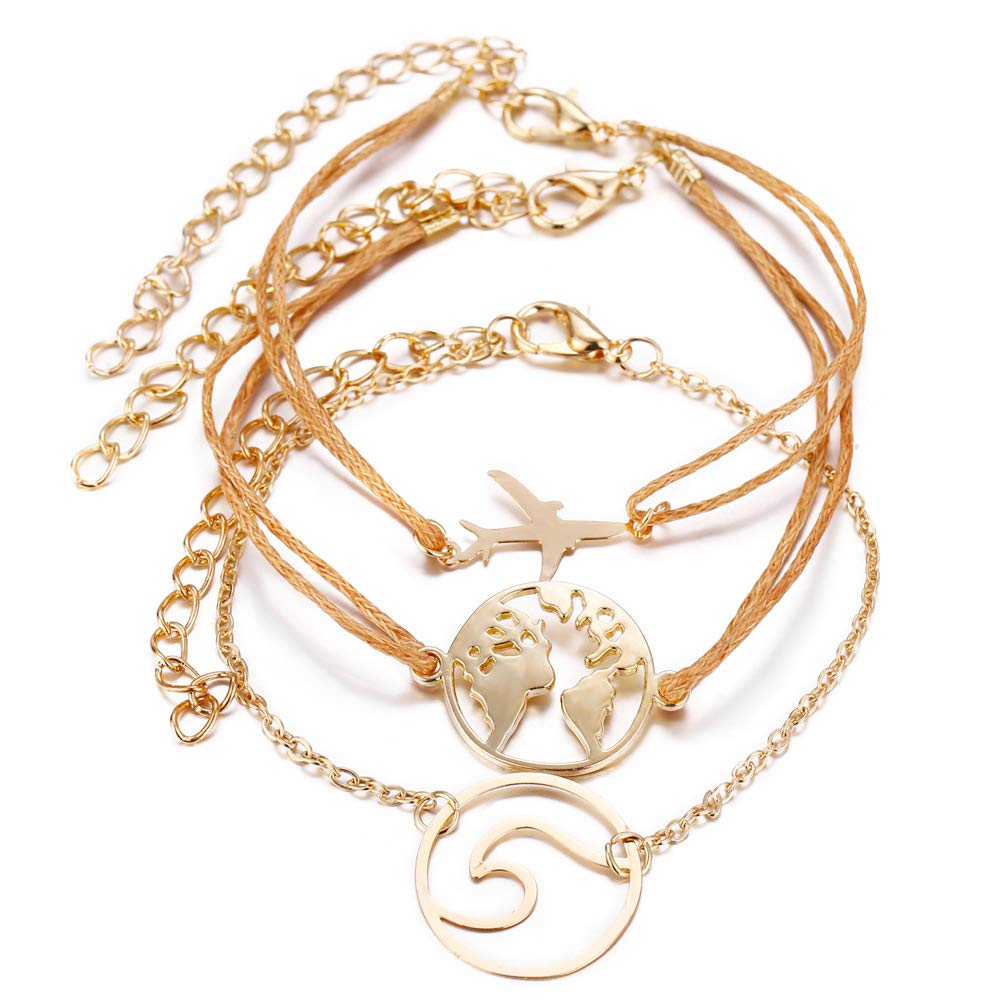 Gold Plated Airplane World Map Bracelet Set - 3 Piece Jewelry Set with Sea Wave Design for Women | Perfect for Travel, Beach Outfits and Everyday Fashion Accessories