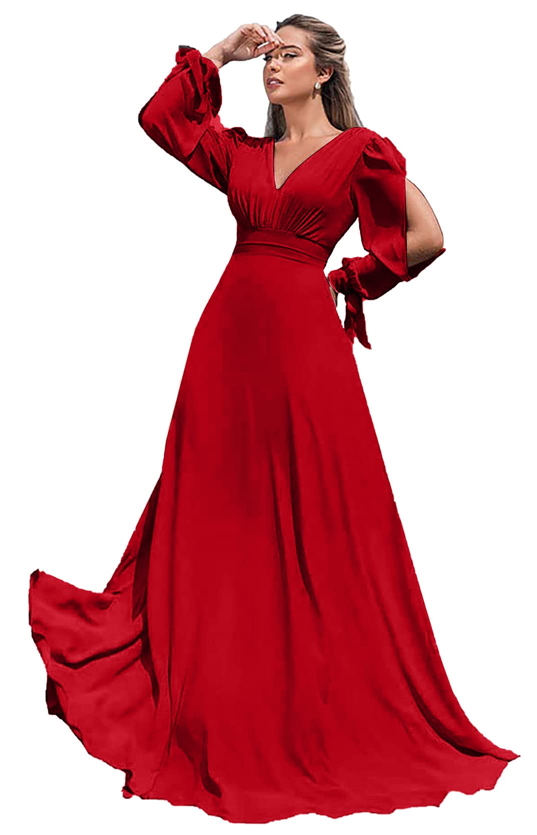 Elegant Long Sleeve Chiffon Bridesmaid Dresses for Women - A-Line Formal Wedding Party Gowns with Side Split - Perfect for Weddings, Proms, and Special Occasions