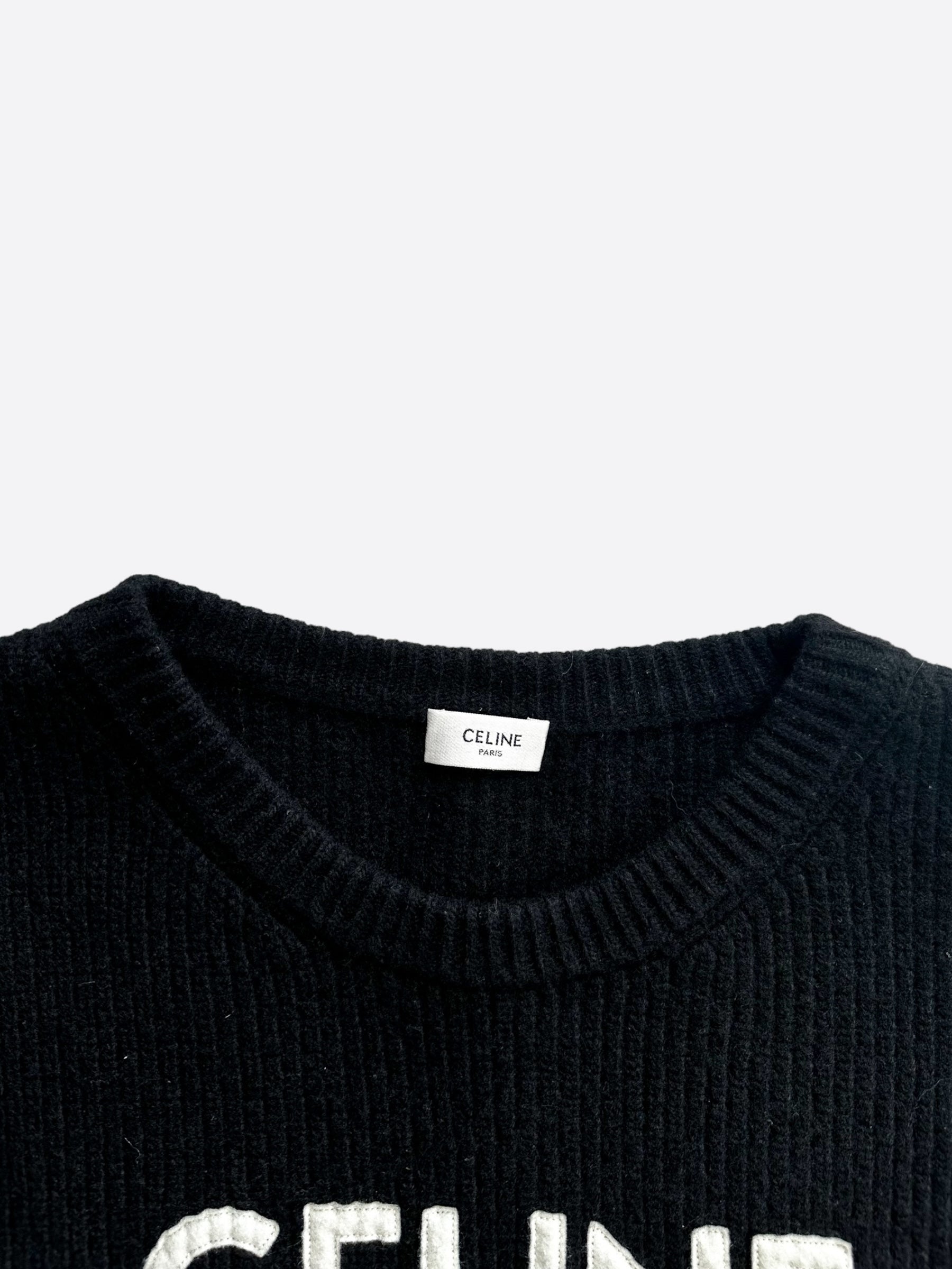 Celine Black & White Logo Ribbed Wool Sweater for Women - Classic Knit Pullover for Fall & Winter - Perfect for Office, Date Night & Casual Outfits