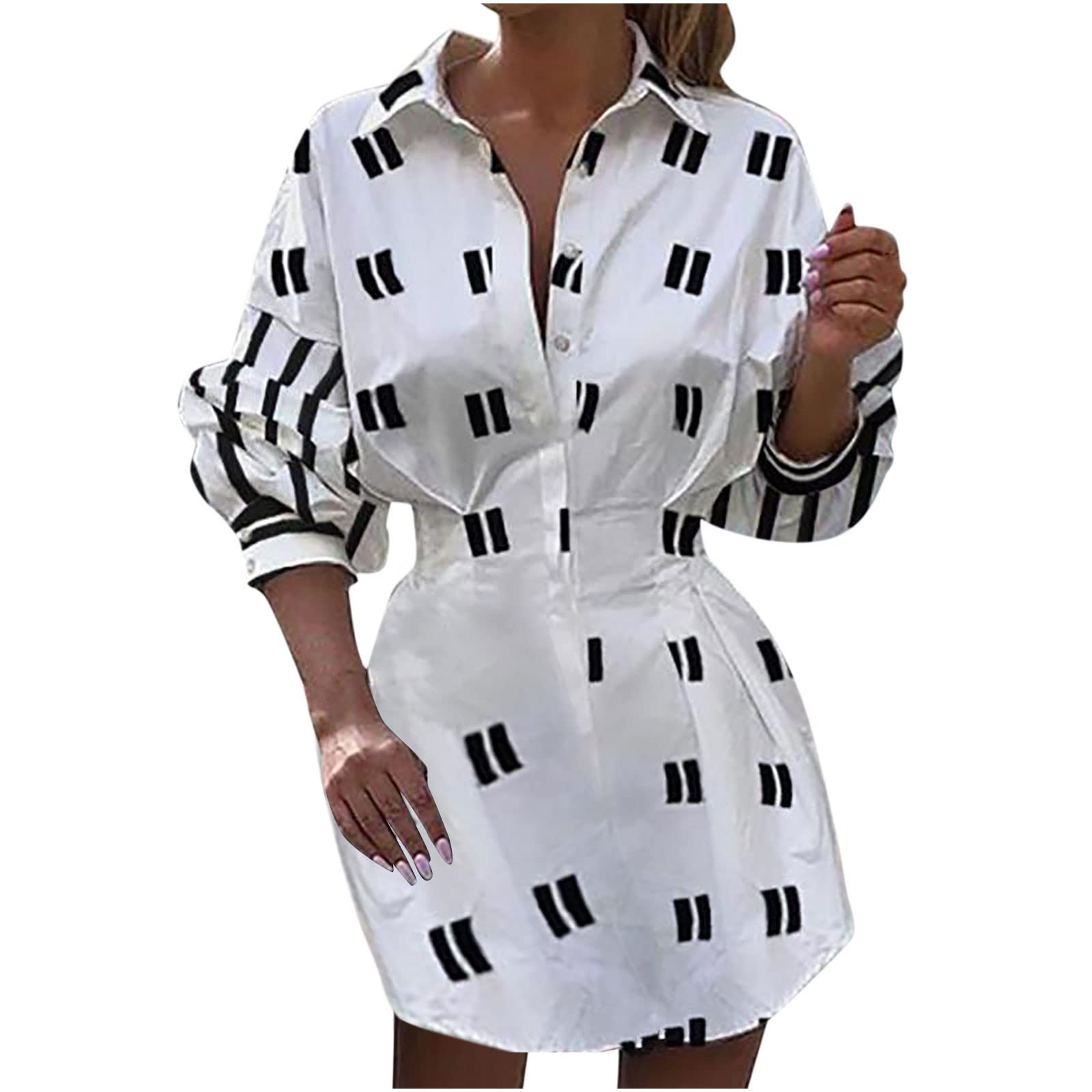 Women's Long Sleeve Plaid Print Mini Dress with Button Details & Lantern Sleeves - Casual Flowy Dress for Fall, Date Night, Office Wear and Weekend Outings