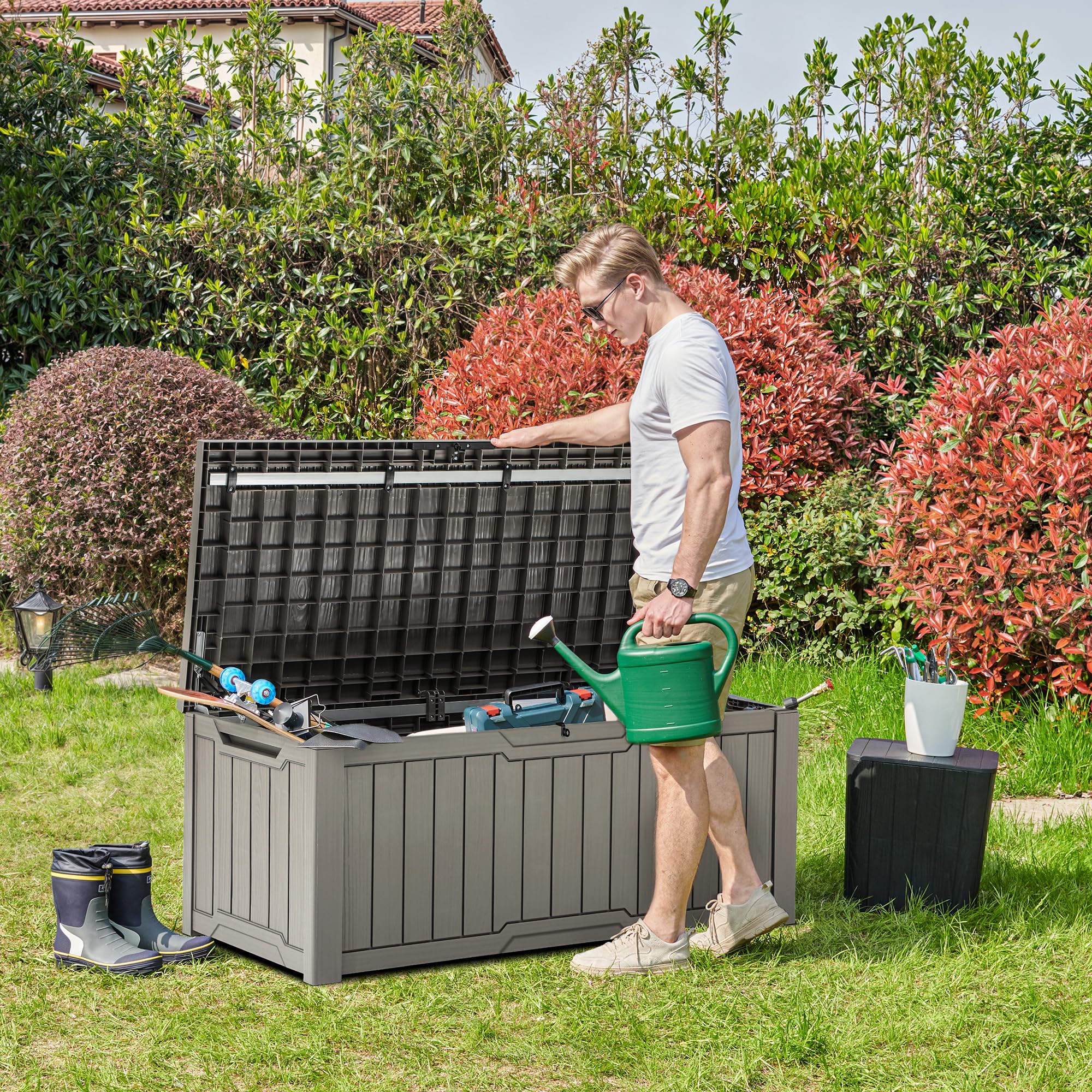 YITAHOME 120 Gallon Outdoor Storage Deck Box - Large Waterproof Resin Patio Storage for Pillows, Garden Tools, Pool Supplies - Lockable Deck Box for Backyard, Patio, and Poolside (Light Brown) - Perfect for Organizing Outdoor Cushions, Toys, and Equipment