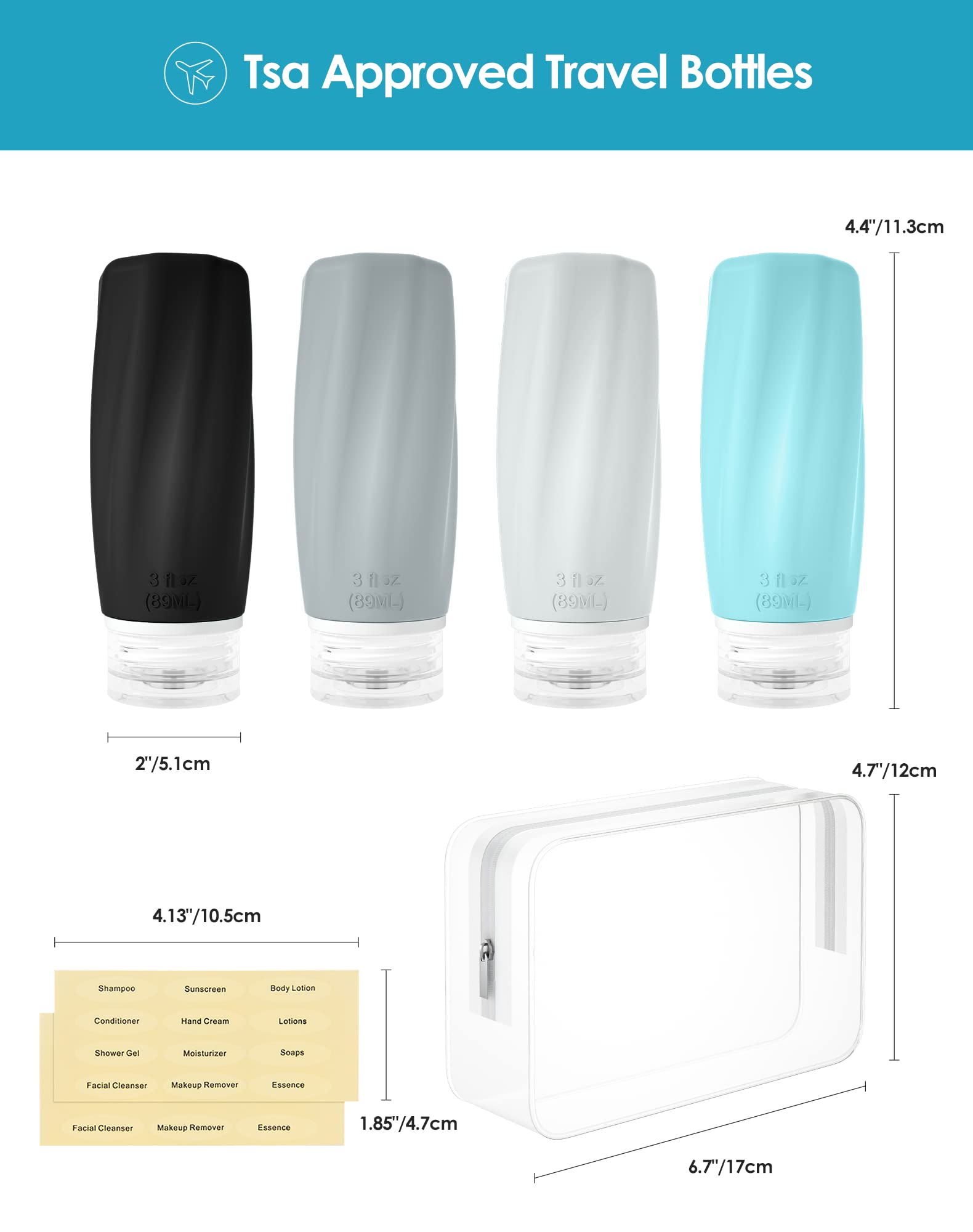 Morfone 4-Piece TSA Approved Travel Bottles Set - Leak Proof Silicone Squeezable Containers for Shampoo, Conditioner & Lotion | Perfect for Air Travel, Gym & Vacation Toiletries Organization