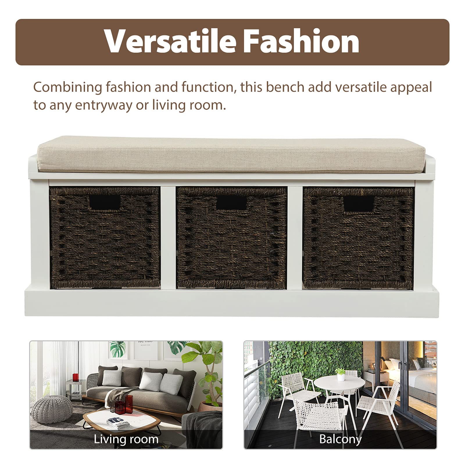 VERYKE Entryway Storage Bench with Removable Cushion & 3 Rattan Baskets - Shoe Bench with Hollow Handle for Hallway, Living Room, Bedroom (White) | Perfect for Organizing Shoes, Blankets & Home Decor in Small Spaces