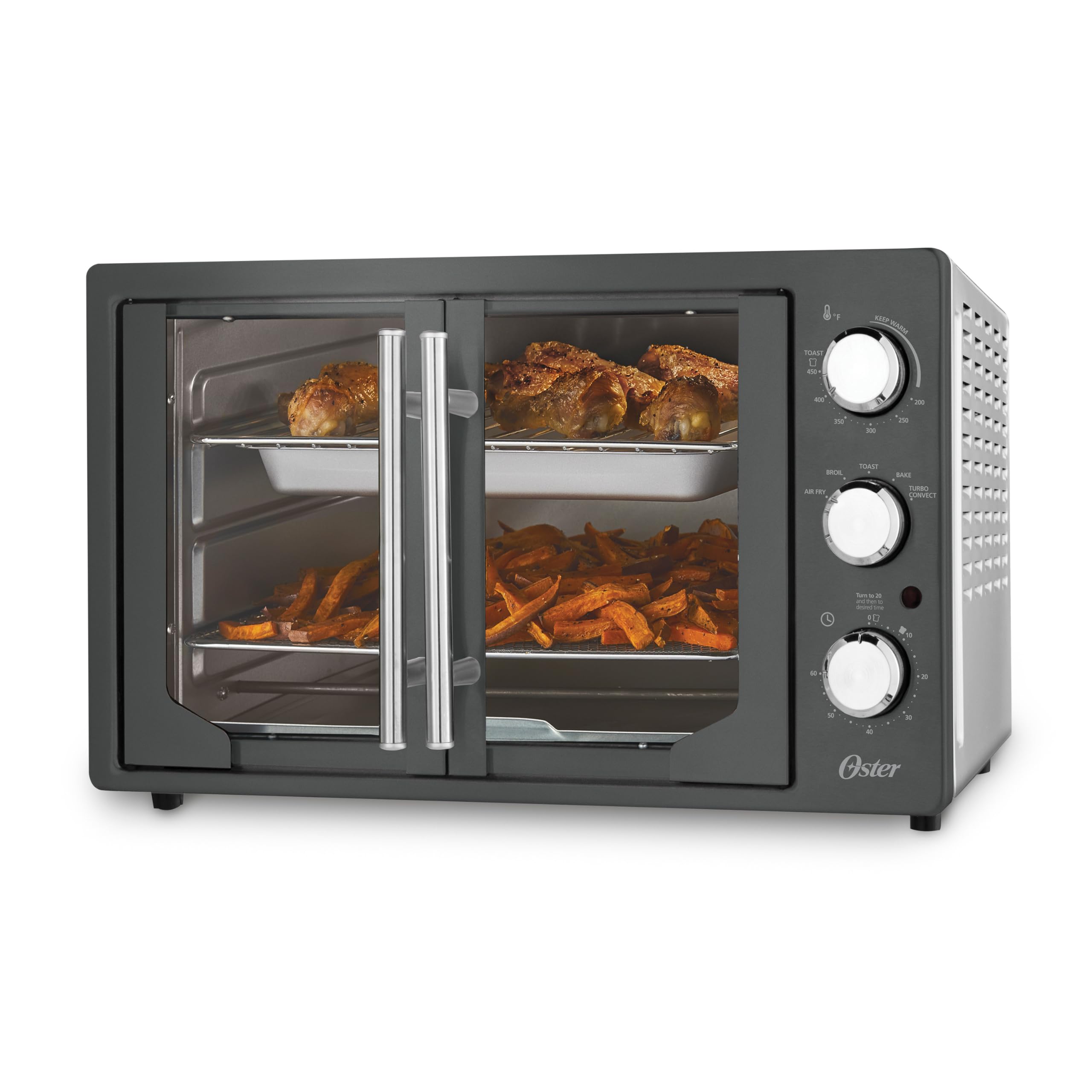 Oster Extra-Large French Door Air Fryer Countertop Oven - 10QT Stainless Steel with 60-Min Timer & 6 Cooking Functions | Energy Efficient Kitchen Appliance for Baking, Roasting, Toasting | Perfect for Small Families & Quick Meals