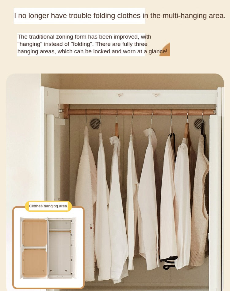 Modern Nordic Style Solid Wood Wardrobe - Beech & Rubber Wood, Cream Finish - Perfect for Bedroom, Living Room, and Office Storage