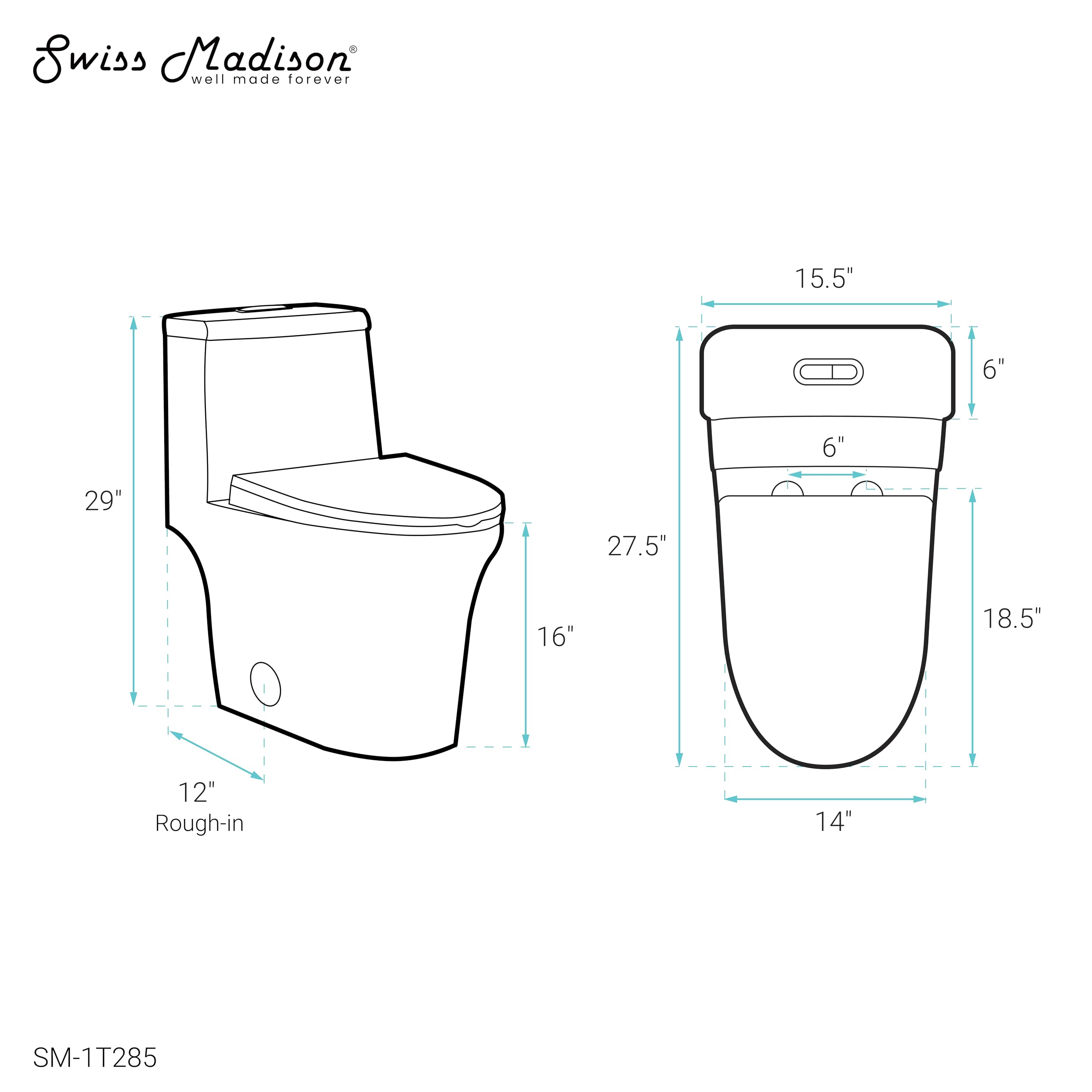 Hugo One Piece Elongated Dual Flush Toilet 1.1/1.6 GPF - Water Efficient Modern Bathroom Toilet for Home & Commercial Use