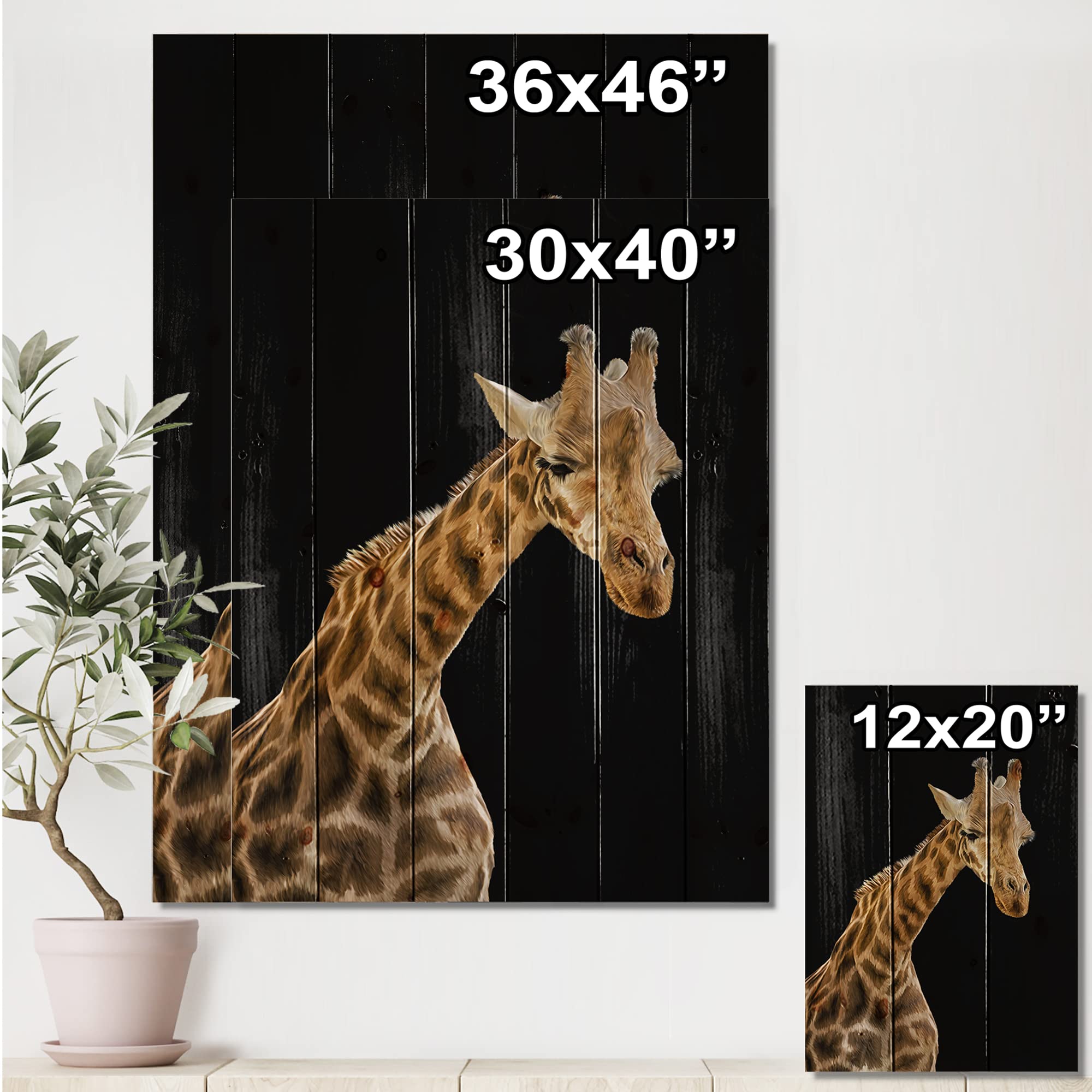 DesignQ Giraffe Portrait Farmhouse Wood Wall Decor - Black Wood Wall Art, Large Animal Wall Panels Printed on Natural Pine Wood - Perfect for Living Room, Bedroom & Nursery Decor