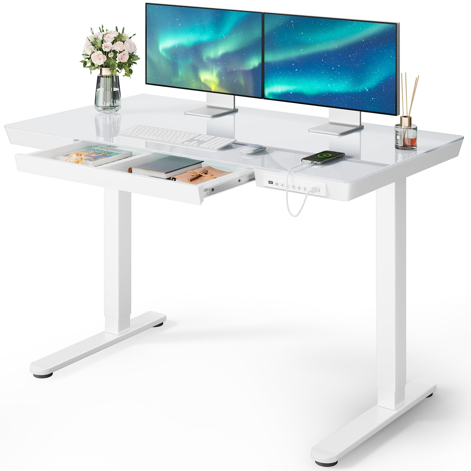 Marsail 48 x 24 Inch Electric Height Adjustable Standing Desk with Drawers | One-Piece Tabletop & USB Charging Ports | White Sit Stand Desk for Home Office | Perfect for Remote Work, Gaming & Study Spaces