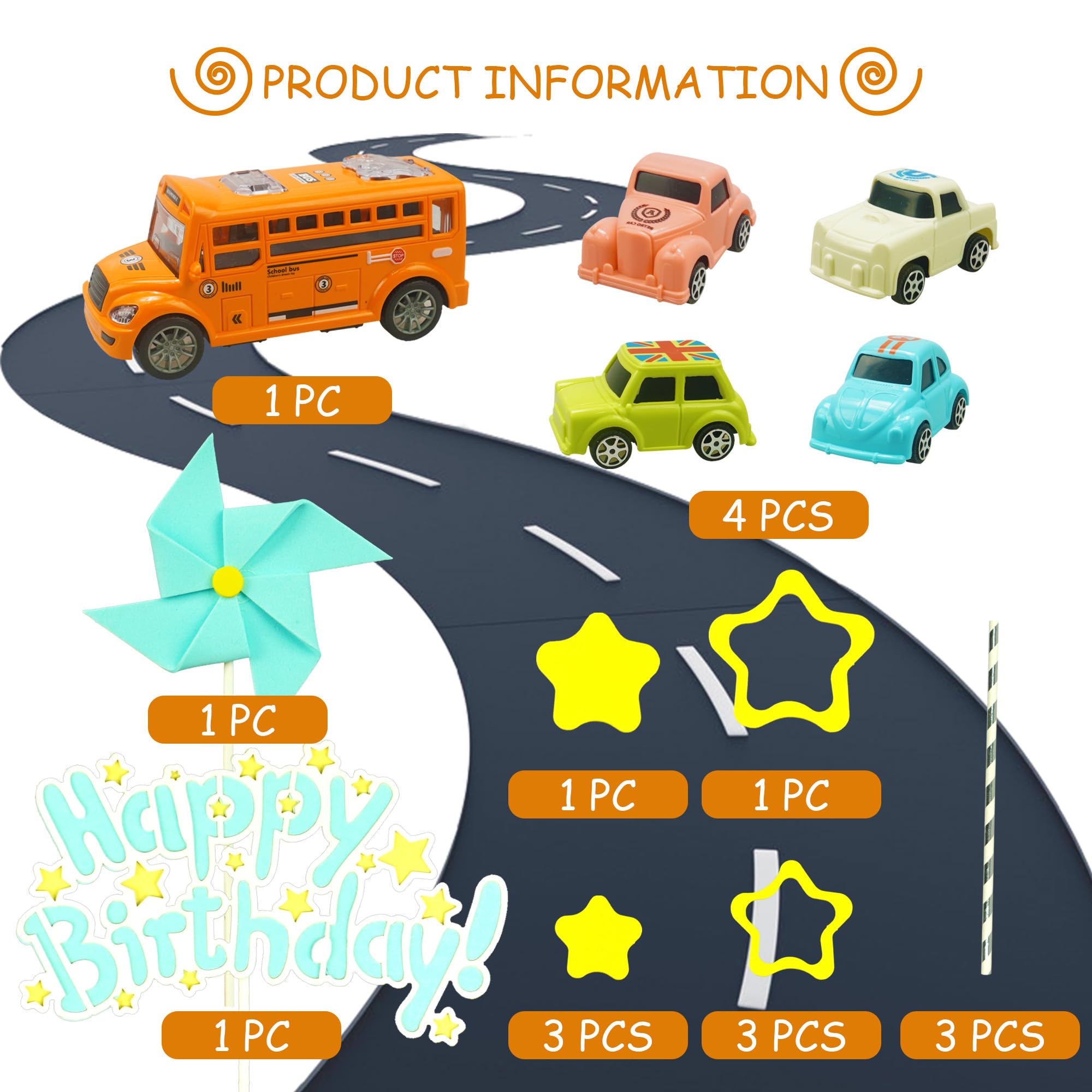 18pcs Car Cake Toppers - School Bus, Race Car & Windmill Vehicle Figures for Boys Birthday Party Decorations | Cute Car Theme Cake Decor for Kids Birthday, Baby Shower & School Celebrations