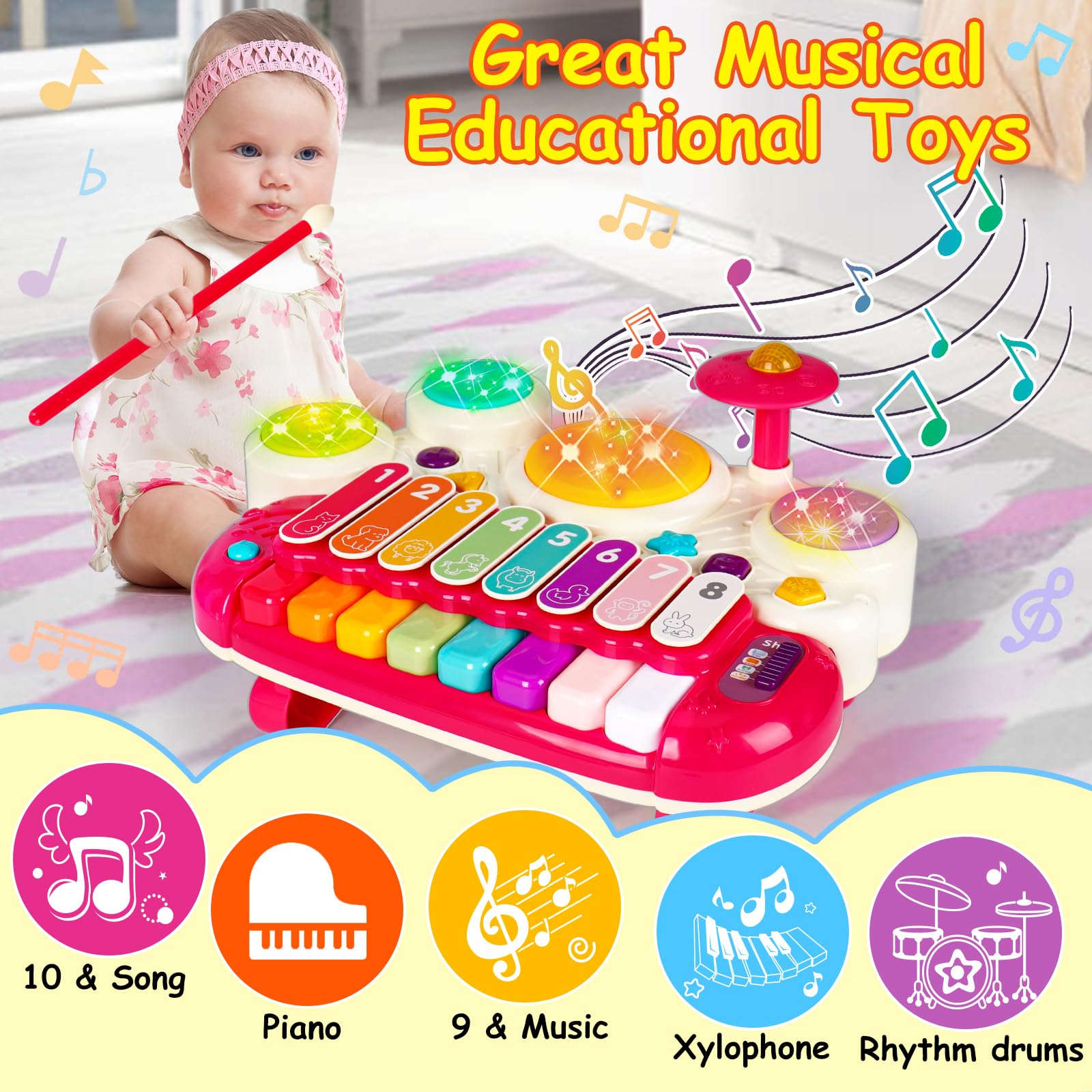 3 in 1 Musical Toys for Toddlers 1-3 Years Old - Piano Xylophone Drum Set, Early Learning Developmental Sensory Toys for 1 2 3 Year Old Boys & Girls, Perfect Birthday Gift for Babies - Great for Home Play, Preschool Learning & Music Exploration